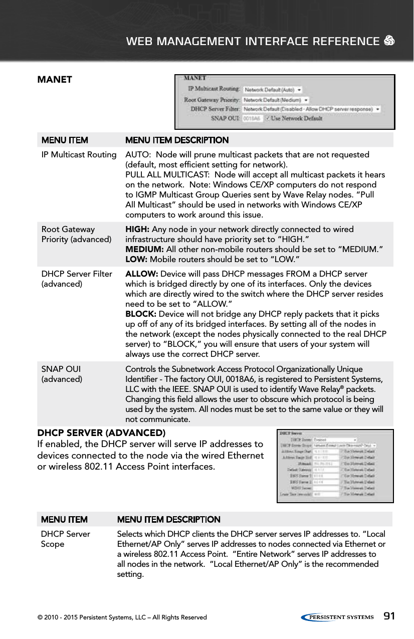 © 2010 - 2015 Persistent Systems, LLC – All Rights Reserved 91WEB MANAGEMENT INTERFACE REFERENCE   DHCP SERVER (ADVANCED)If enabled, the DHCP server will serve IP addresses to devices connected to the node via the wired Ethernet or wireless 802.11 Access Point interfaces.MENU ITEM MENU ITEM DESCRIPTIONDHCP Server ScopeSelects which DHCP clients the DHCP server serves IP addresses to. “Local Ethernet/AP Only” serves IP addresses to nodes connected via Ethernet or a wireless 802.11 Access Point.  “Entire Network” serves IP addresses to all nodes in the network.  “Local Ethernet/AP Only” is the recommended setting.MANETMENU ITEM MENU ITEM DESCRIPTIONIP Multicast Routing AUTO:  Node will prune multicast packets that are not requested (default, most efﬁcient setting for network).PULL ALL MULTICAST:  Node will accept all multicast packets it hears on the network.  Note: Windows CE/XP computers do not respond to IGMP Multicast Group Queries sent by Wave Relay nodes. “Pull All Multicast” should be used in networks with Windows CE/XP computers to work around this issue.Root Gateway Priority (advanced)HIGH: Any node in your network directly connected to wired infrastructure should have priority set to “HIGH.”MEDIUM: All other non-mobile routers should be set to “MEDIUM.”LOW: Mobile routers should be set to “LOW.”DHCP Server Filter (advanced)ALLOW: Device will pass DHCP messages FROM a DHCP server which is bridged directly by one of its interfaces. Only the devices which are directly wired to the switch where the DHCP server resides need to be set to “ALLOW.”BLOCK: Device will not bridge any DHCP reply packets that it picks up off of any of its bridged interfaces. By setting all of the nodes in the network (except the nodes physically connected to the real DHCP server) to “BLOCK,” you will ensure that users of your system will always use the correct DHCP server.SNAP OUI(advanced)Controls the Subnetwork Access Protocol Organizationally Unique Identiﬁer - The factory OUI, 0018A6, is registered to Persistent Systems, LLC with the IEEE. SNAP OUI is used to identify Wave Relay® packets. Changing this ﬁeld allows the user to obscure which protocol is being used by the system. All nodes must be set to the same value or they will not communicate.