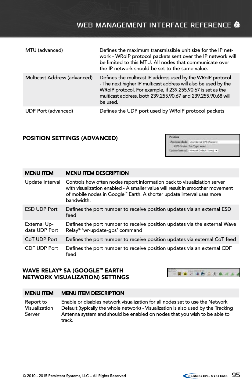 © 2010 - 2015 Persistent Systems, LLC – All Rights Reserved 95WEB MANAGEMENT INTERFACE REFERENCE   POSITION SETTINGS (ADVANCED)MENU ITEM MENU ITEM DESCRIPTIONUpdate Interval Controls how often nodes report information back to visualiziation server with visualization enabled - A smaller value will result in smoother movement of mobile nodes in Google™ Earth. A shorter update interval uses more bandwidth.ESD UDP Port Deﬁnes the port number to receive position updates via an external ESD feedExternal Up-date UDP PortDeﬁnes the port number to receive position updates via the external Wave Relay® ‘wr-update-gps’ commandCoT UDP Port Deﬁnes the port number to receive position updates via external CoT feedCDF UDP Port Deﬁnes the port number to receive position updates via an external CDF feedWAVE RELAY® SA (GOOGLE™ EARTHNETWORK VISUALIZATION) SETTINGSMENU ITEM MENU ITEM DESCRIPTIONReport to Visualization ServerEnable or disables network visualization for all nodes set to use the Network Default (typically the whole network) - Visualization is also used by the Tracking Antenna system and should be enabled on nodes that you wish to be able to track.MTU (advanced) Deﬁnes the maximum transmissible unit size for the IP net-work - WRoIP protocol packets sent over the IP network will be limited to this MTU. All nodes that communicate over the IP network should be set to the same value.Multicast Address (advanced) Deﬁnes the multicast IP address used by the WRoIP protocol - The next higher IP multicast address will also be used by the WRoIP protocol. For example, if 239.255.90.67 is set as the multicast address, both 239.255.90.67 and 239.255.90.68 will be used.UDP Port (advanced) Deﬁnes the UDP port used by WRoIP protocol packets