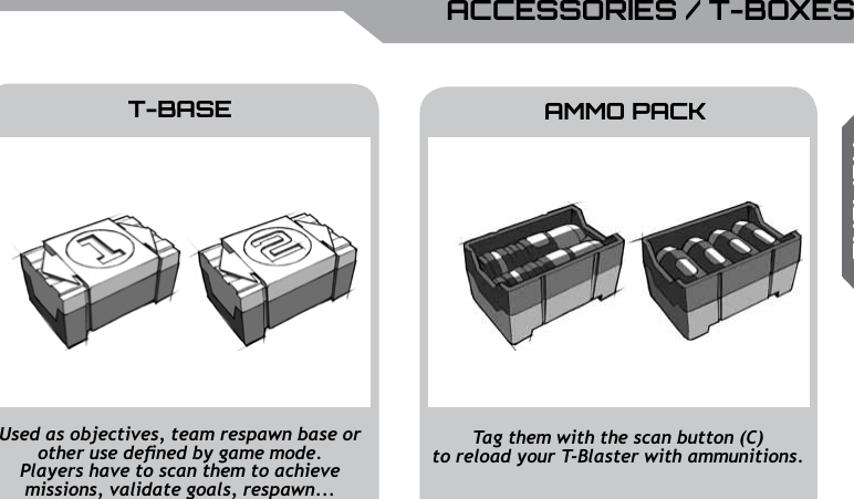 UBISOFTENGLISHMore information at www.battle-tag.com 11T-BASE AMMO PACKTag them with the scan button (C) to reload your T-Blaster with ammunitions.Used as objectives, team respawn base or other use dened by game mode.Players have to scan them to achieve missions, validate goals, respawn...ACCESSORIES / T-BOXES