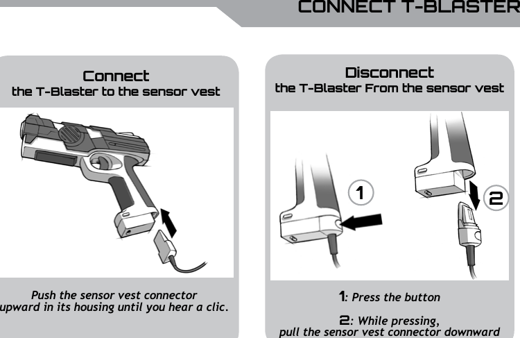 UBISOFTENGLISHMore information at www.battle-tag.com 13CONNECT T-BLASTERConnect the T-Blaster to the sensor vestDisconnect the T-Blaster From the sensor vest121: Press the button2: While pressing, pull the sensor vest connector downwardPush the sensor vest connector upward in its housing until you hear a clic.   