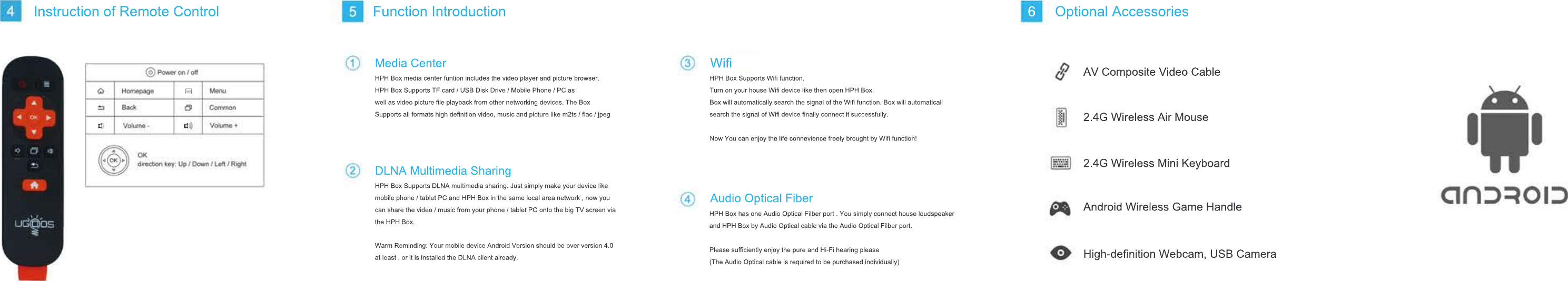 Installation instructionHDMI cable  OTG/USB cableCharger Remote controller NT-V5Product OverviewOTG cable portDC INAV outEthernet portHDMI outputSPDIF outputMicro USB device Wireless receiver holeConnect to TVOTT Box is provided with HDMI high-definition output and AV composite video output function.It is recommended that you employ HDMI high-definition video cable to connect with the Box onto TV Set and experience high-definition contents.Completion !Freely enjoy the audio and video experience brought by the Android TV Box for you. 6Audio Optical Fiber Instruction of Remote Control Function Introduction Optional AccessoriesWifiAV Composite Video Cable2.4G Wireless Air Mouse2.4G Wireless Mini KeyboardAndroid Wireless Game HandleHigh-definition Webcam, USB CameraMedia CenterDLNA Multimedia SharingHPH Box media center funtion includes the video player and picture browser.HPH Box Supports TF card / USB Disk Drive / Mobile Phone / PC aswell as video picture file playback from other networking devices. The Box Supports all formats high definition video, music and picture like m2ts / flac / jpegHPH Box Supports Wifi function.Turn on your house Wifi device like then open HPH Box. Box will automatically search the signal of the Wifi function. Box will automaticallsearch the signal of Wifi device finally connect it successfully.Now You can enjoy the life connevience freely brought by Wifi function!HPH Box has one Audio Optical Filber port . You simply connect house loudspeakerand HPH Box by Audio Optical cable via the Audio Optical Filber port.Please sufficiently enjoy the pure and Hi-Fi hearing please(The Audio Optical cable is required to be purchased individually)HPH Box Supports DLNA multimedia sharing. Just simply make your device likemobile phone / tablet PC and HPH Box in the same local area network , now youcan share the video / music from your phone / tablet PC onto the big TV screen viathe HPH Box.Warm Reminding: Your mobile device Android Version should be over version 4.0at least , or it is installed the DLNA client already.