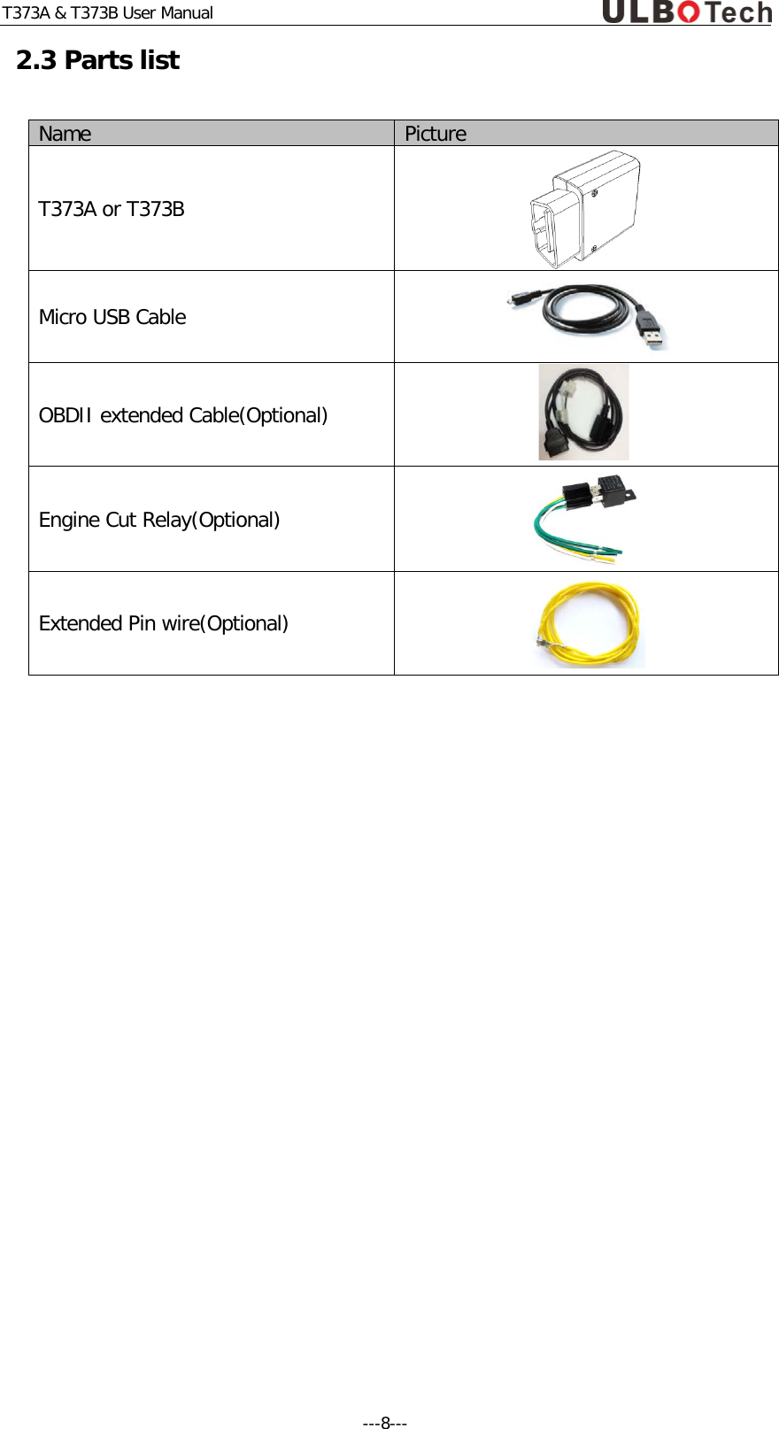 T373A &amp; T373B User Manual 2.3 Parts list Name Picture T373A or T373B  Micro USB Cable  OBDII extended Cable(Optional)  Engine Cut Relay(Optional)  Extended Pin wire(Optional)     ---8---  