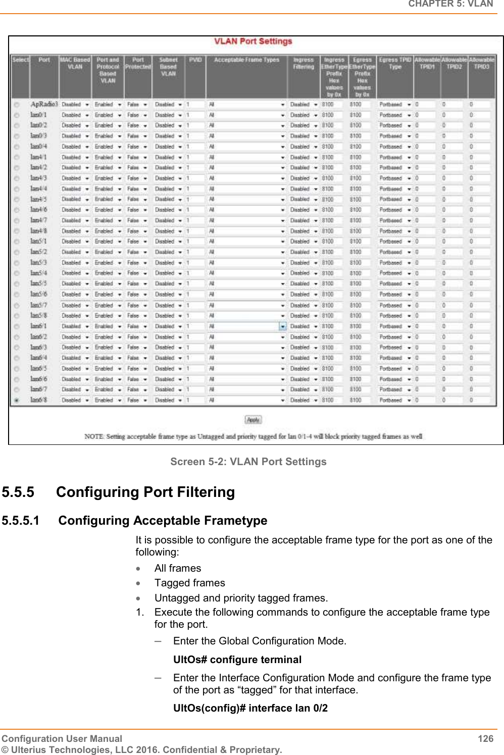   CHAPTER 5: VLAN Configuration User Manual  126 © Ulterius Technologies, LLC 2016. Confidential &amp; Proprietary.  Screen 5-2: VLAN Port Settings  5.5.5  Configuring Port Filtering 5.5.5.1  Configuring Acceptable Frametype It is possible to configure the acceptable frame type for the port as one of the following:  All frames  Tagged frames   Untagged and priority tagged frames. 1.  Execute the following commands to configure the acceptable frame type for the port.  Enter the Global Configuration Mode. UltOs# configure terminal  Enter the Interface Configuration Mode and configure the frame type of the port as “tagged” for that interface. UltOs(config)# interface lan 0/2 