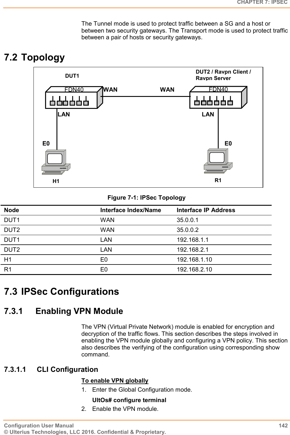   CHAPTER 7: IPSEC Configuration User Manual  142 © Ulterius Technologies, LLC 2016. Confidential &amp; Proprietary. The Tunnel mode is used to protect traffic between a SG and a host or between two security gateways. The Transport mode is used to protect traffic between a pair of hosts or security gateways.  7.2 Topology  Figure 7-1: IPSec Topology  Node Interface Index/Name Interface IP Address DUT1 WAN 35.0.0.1 DUT2 WAN 35.0.0.2 DUT1 LAN 192.168.1.1 DUT2 LAN 192.168.2.1 H1 E0 192.168.1.10 R1 E0  192.168.2.10 7.3 IPSec Configurations 7.3.1  Enabling VPN Module The VPN (Virtual Private Network) module is enabled for encryption and decryption of the traffic flows. This section describes the steps involved in enabling the VPN module globally and configuring a VPN policy. This section also describes the verifying of the configuration using corresponding show command. 7.3.1.1  CLI Configuration To enable VPN globally 1.  Enter the Global Configuration mode. UltOs# configure terminal 2.  Enable the VPN module. DUT2 / Ravpn Client / Ravpn Server  DUT1 FDN40 R1 FDN40 H1 WAN WAN LAN LAN E0 E0 