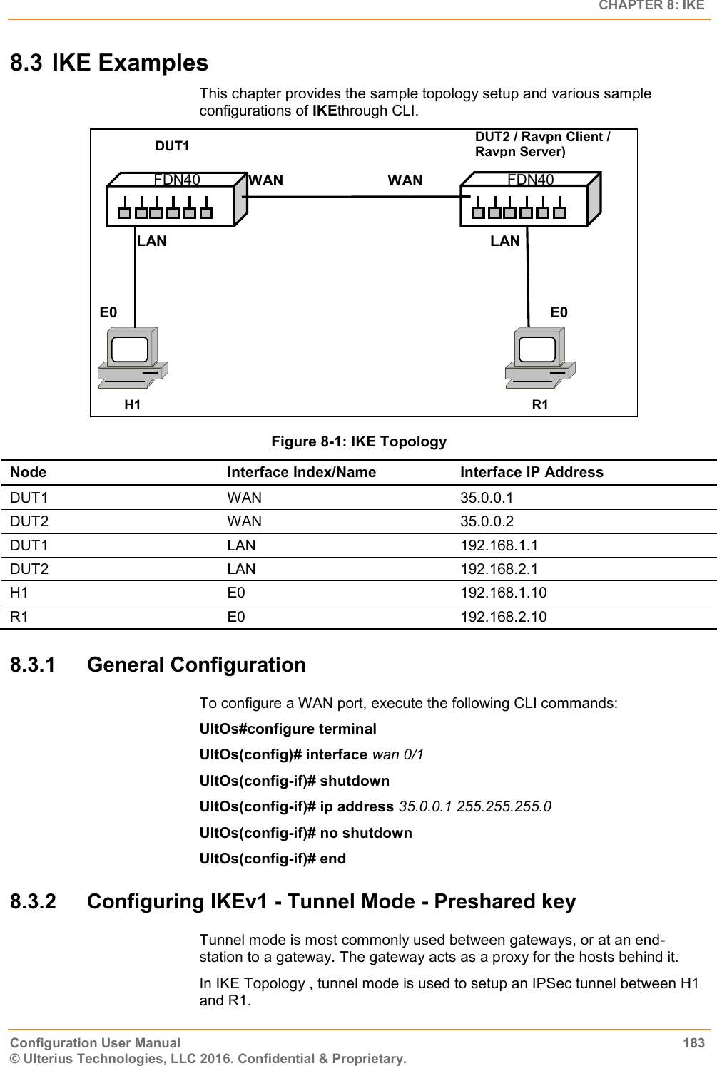   CHAPTER 8: IKE Configuration User Manual  183 © Ulterius Technologies, LLC 2016. Confidential &amp; Proprietary. 8.3 IKE Examples This chapter provides the sample topology setup and various sample configurations of IKEthrough CLI.  Figure 8-1: IKE Topology  Node Interface Index/Name Interface IP Address DUT1 WAN 35.0.0.1 DUT2 WAN 35.0.0.2 DUT1 LAN 192.168.1.1 DUT2 LAN 192.168.2.1 H1 E0 192.168.1.10 R1 E0  192.168.2.10 8.3.1  General Configuration To configure a WAN port, execute the following CLI commands: UltOs#configure terminal UltOs(config)# interface wan 0/1 UltOs(config-if)# shutdown UltOs(config-if)# ip address 35.0.0.1 255.255.255.0 UltOs(config-if)# no shutdown UltOs(config-if)# end 8.3.2  Configuring IKEv1 - Tunnel Mode - Preshared key Tunnel mode is most commonly used between gateways, or at an end-station to a gateway. The gateway acts as a proxy for the hosts behind it. In IKE Topology , tunnel mode is used to setup an IPSec tunnel between H1 and R1. FDN40 DUT2 / Ravpn Client / Ravpn Server)  R1 DUT1 FDN40 H1 WAN WAN LAN LAN E0  E0 