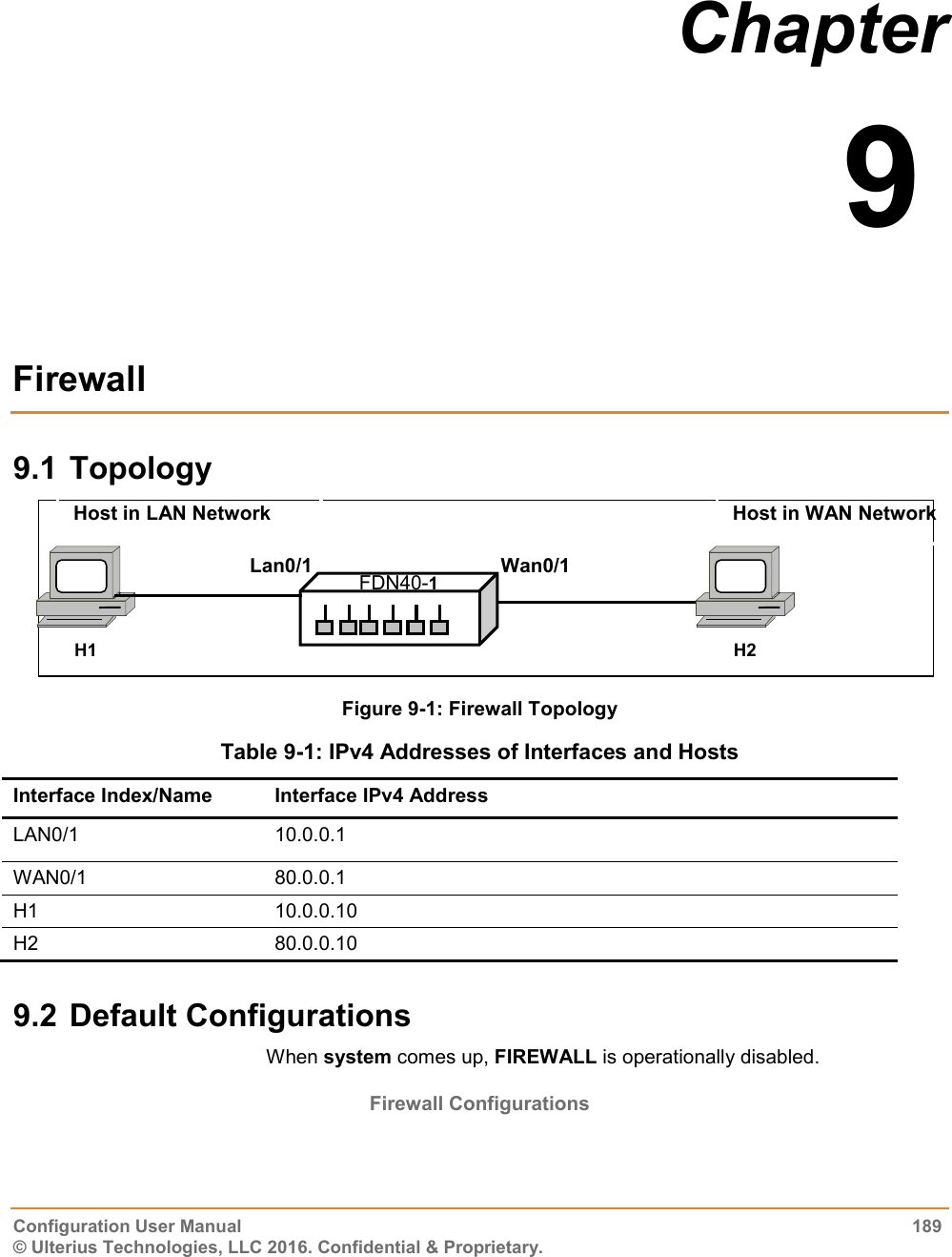  Configuration User Manual 189 © Ulterius Technologies, LLC 2016. Confidential &amp; Proprietary. Chapter  9  Firewall 9.1 Topology  Figure 9-1: Firewall Topology  Table 9-1: IPv4 Addresses of Interfaces and Hosts Interface Index/Name Interface IPv4 Address LAN0/1 10.0.0.1 WAN0/1 80.0.0.1 H1 10.0.0.10 H2 80.0.0.10 9.2 Default Configurations When system comes up, FIREWALL is operationally disabled.  Firewall Configurations Wan0/1 Lan0/1 FDN40-1 H2 H1 Host in WAN Network Host in LAN Network 