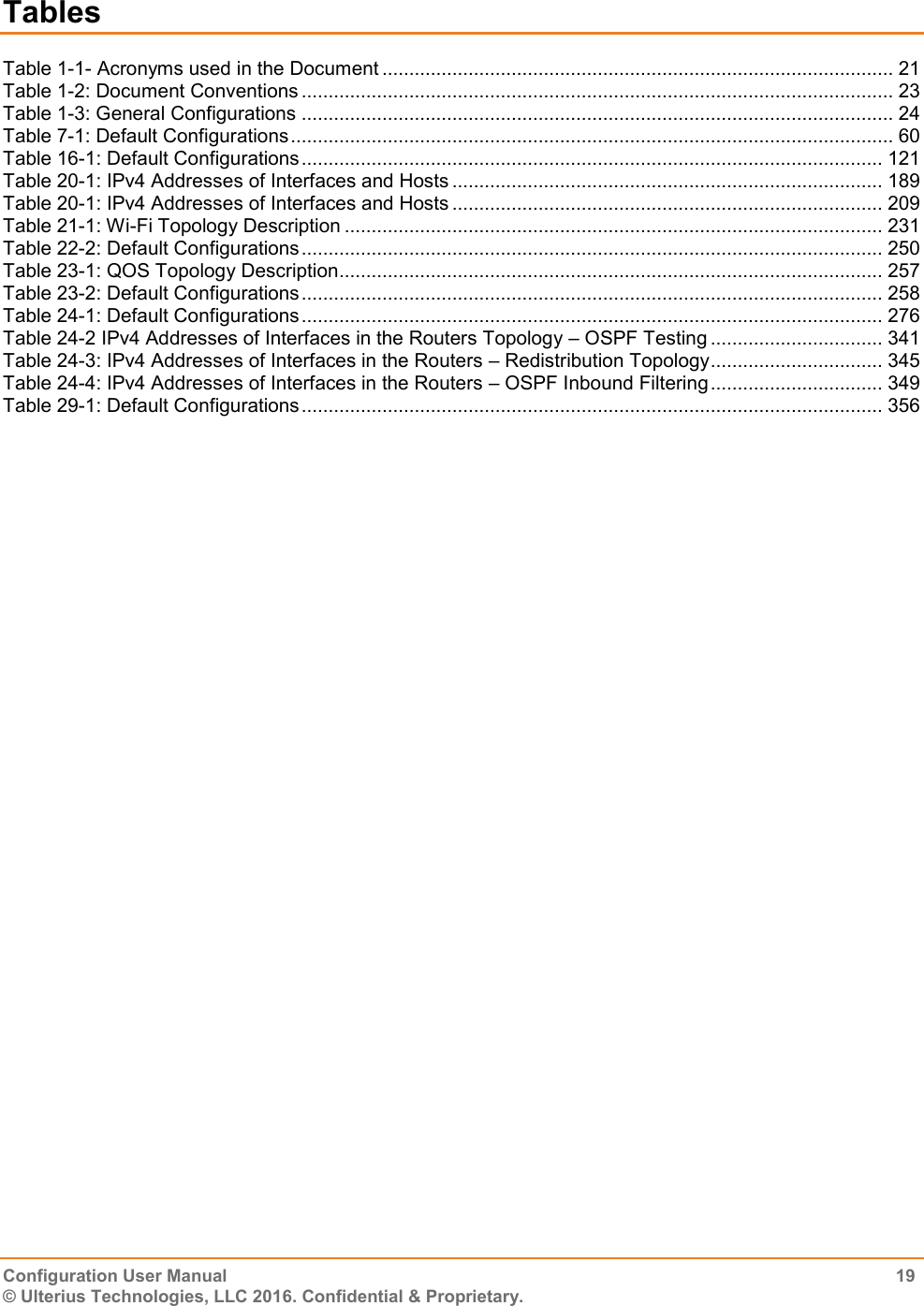    Configuration User Manual  19 © Ulterius Technologies, LLC 2016. Confidential &amp; Proprietary. Tables Table 1-1- Acronyms used in the Document ............................................................................................... 21 Table 1-2: Document Conventions .............................................................................................................. 23 Table 1-3: General Configurations .............................................................................................................. 24 Table 7-1: Default Configurations ................................................................................................................ 60 Table 16-1: Default Configurations ............................................................................................................ 121 Table 20-1: IPv4 Addresses of Interfaces and Hosts ................................................................................ 189 Table 20-1: IPv4 Addresses of Interfaces and Hosts ................................................................................ 209 Table 21-1: Wi-Fi Topology Description .................................................................................................... 231 Table 22-2: Default Configurations ............................................................................................................ 250 Table 23-1: QOS Topology Description..................................................................................................... 257 Table 23-2: Default Configurations ............................................................................................................ 258 Table 24-1: Default Configurations ............................................................................................................ 276 Table 24-2 IPv4 Addresses of Interfaces in the Routers Topology – OSPF Testing ................................ 341 Table 24-3: IPv4 Addresses of Interfaces in the Routers – Redistribution Topology ................................ 345 Table 24-4: IPv4 Addresses of Interfaces in the Routers – OSPF Inbound Filtering ................................ 349 Table 29-1: Default Configurations ............................................................................................................ 356    