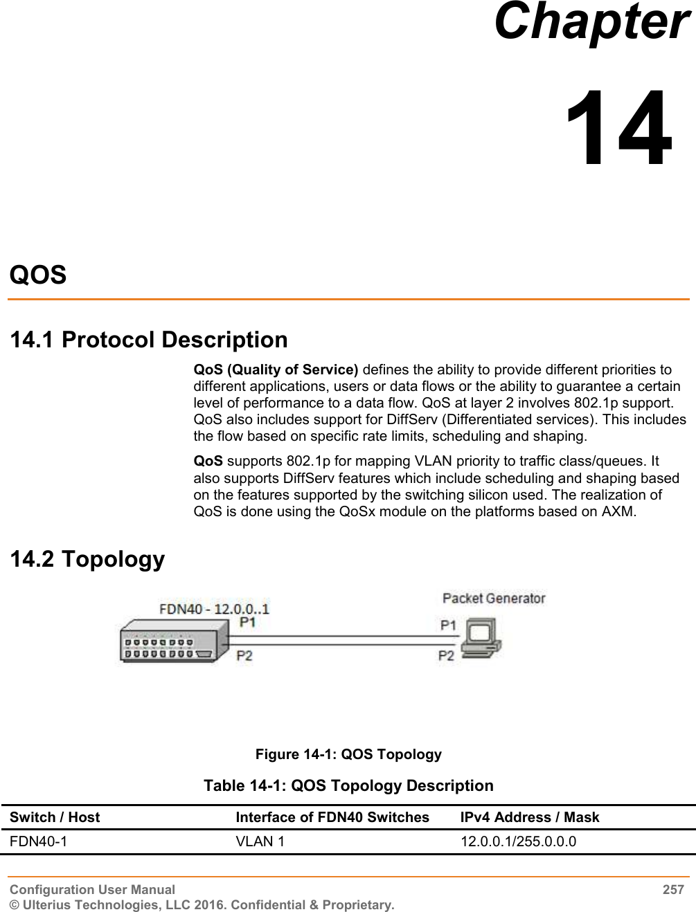  Configuration User Manual  257 © Ulterius Technologies, LLC 2016. Confidential &amp; Proprietary. Chapter  14  QOS 14.1 Protocol Description QoS (Quality of Service) defines the ability to provide different priorities to different applications, users or data flows or the ability to guarantee a certain level of performance to a data flow. QoS at layer 2 involves 802.1p support. QoS also includes support for DiffServ (Differentiated services). This includes the flow based on specific rate limits, scheduling and shaping. QoS supports 802.1p for mapping VLAN priority to traffic class/queues. It also supports DiffServ features which include scheduling and shaping based on the features supported by the switching silicon used. The realization of QoS is done using the QoSx module on the platforms based on AXM. 14.2 Topology  Figure 14-1: QOS Topology  Table 14-1: QOS Topology Description Switch / Host Interface of FDN40 Switches IPv4 Address / Mask FDN40-1 VLAN 1 12.0.0.1/255.0.0.0 