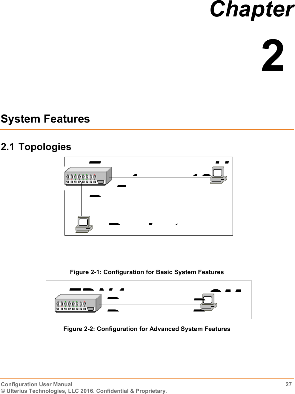  Configuration User Manual  27 © Ulterius Technologies, LLC 2016. Confidential &amp; Proprietary. Chapter  2  System Features 2.1 Topologies    Figure 2-1: Configuration for Basic System Features  Figure 2-2: Configuration for Advanced System Features Packet capturing device P1  12.0.0.1 12.0.0.100 FDN40-1 Host1  P2  P1 FDN40-1 – 12.0.0.1 SMART BITS P2 P1 P1 P2 