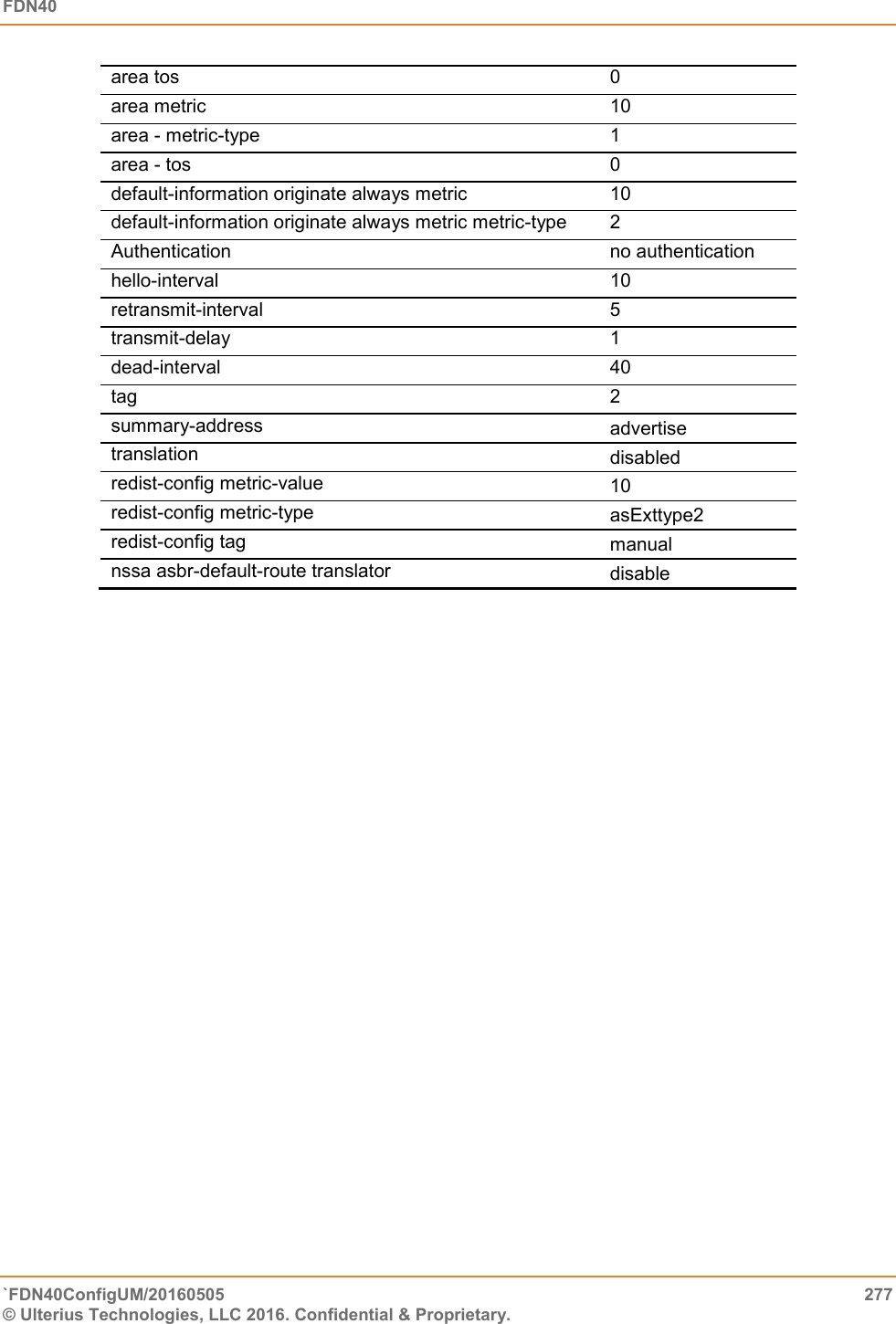 FDN40   `FDN40ConfigUM/20160505  277 © Ulterius Technologies, LLC 2016. Confidential &amp; Proprietary.   area tos  0  area metric  10  area - metric-type  1  area - tos  0  default-information originate always metric  10  default-information originate always metric metric-type 2  Authentication  no authentication hello-interval  10 retransmit-interval  5 transmit-delay  1 dead-interval 40 tag  2 summary-address  advertise translation  disabled redist-config metric-value  10 redist-config metric-type  asExttype2 redist-config tag  manual nssa asbr-default-route translator  disable    