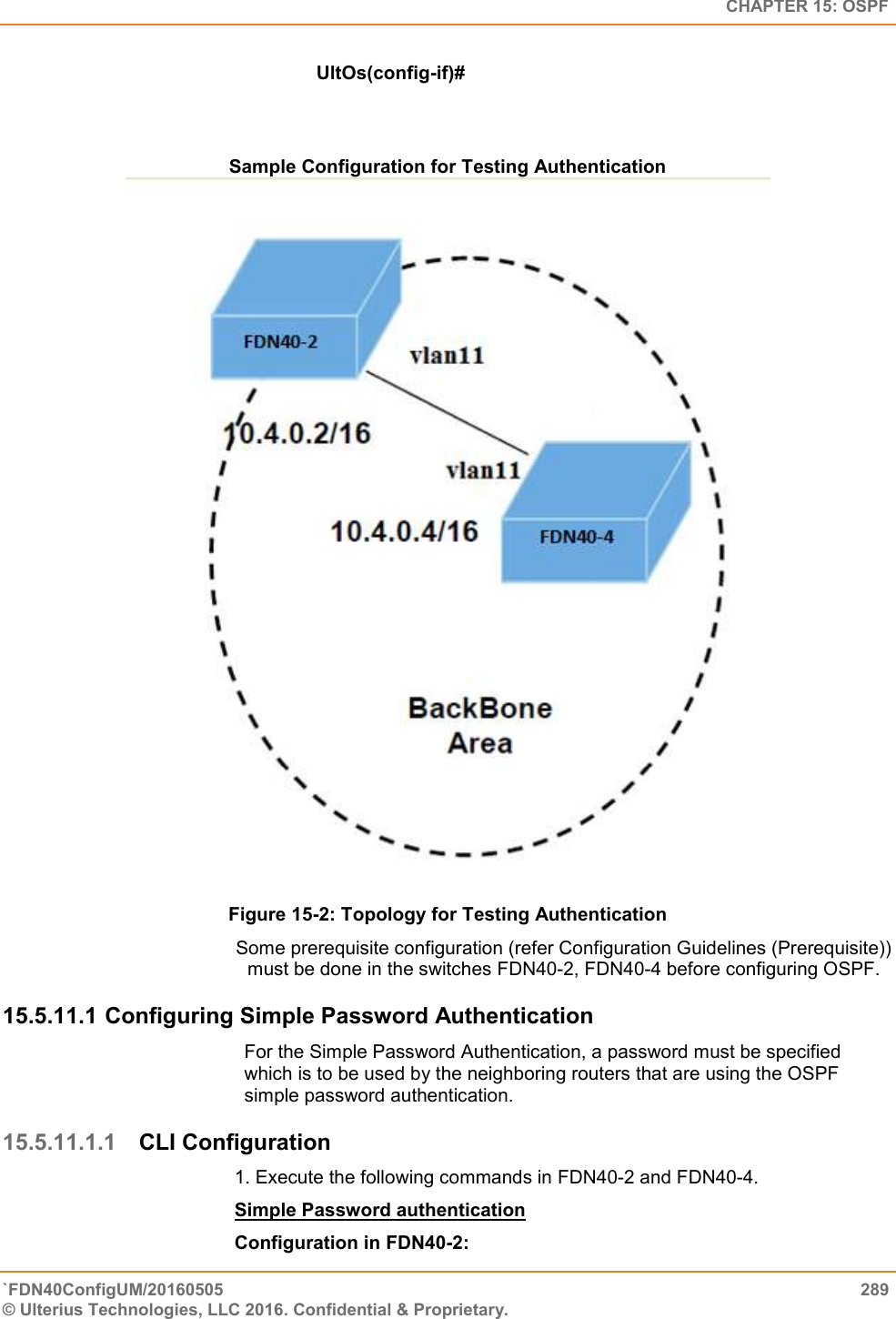   CHAPTER 15: OSPF `FDN40ConfigUM/20160505  289 © Ulterius Technologies, LLC 2016. Confidential &amp; Proprietary.   UltOs(config-if)#   Sample Configuration for Testing Authentication  Figure 15-2: Topology for Testing Authentication Some prerequisite configuration (refer Configuration Guidelines (Prerequisite)) must be done in the switches FDN40-2, FDN40-4 before configuring OSPF. 15.5.11.1 Configuring Simple Password Authentication For the Simple Password Authentication, a password must be specified which is to be used by the neighboring routers that are using the OSPF simple password authentication. 15.5.11.1.1 CLI Configuration 1. Execute the following commands in FDN40-2 and FDN40-4.  Simple Password authentication  Configuration in FDN40-2:  