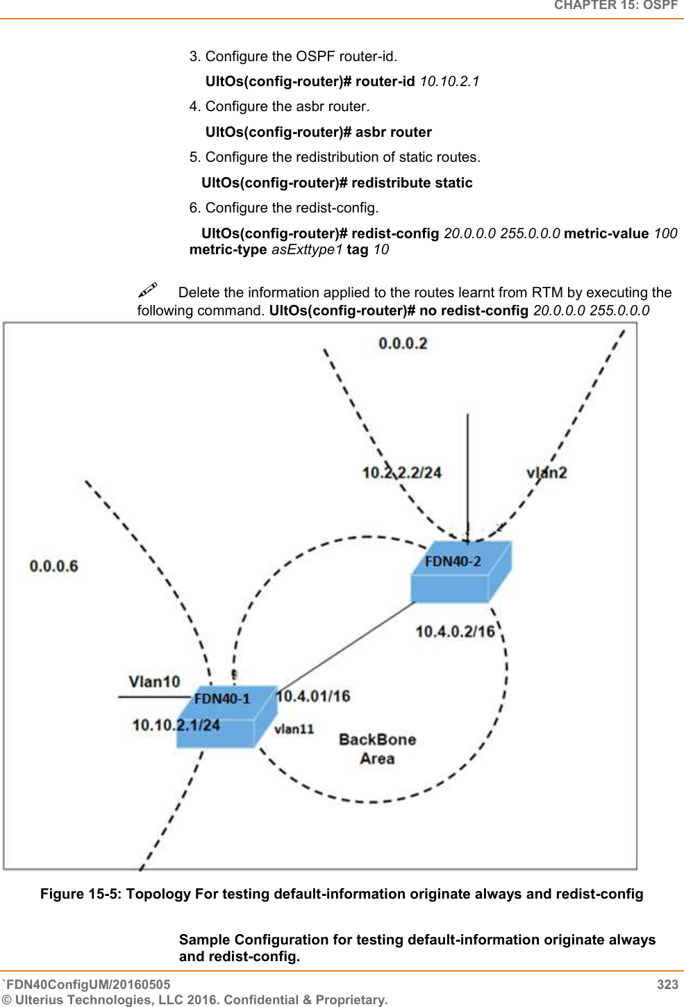   CHAPTER 15: OSPF `FDN40ConfigUM/20160505  323 © Ulterius Technologies, LLC 2016. Confidential &amp; Proprietary.   3. Configure the OSPF router-id.     UltOs(config-router)# router-id 10.10.2.1  4. Configure the asbr router.      UltOs(config-router)# asbr router  5. Configure the redistribution of static routes.     UltOs(config-router)# redistribute static  6. Configure the redist-config.     UltOs(config-router)# redist-config 20.0.0.0 255.0.0.0 metric-value 100     metric-type asExttype1 tag 10 Delete the information applied to the routes learnt from RTM by executing the following command. UltOs(config-router)# no redist-config 20.0.0.0 255.0.0.0   Figure 15-5: Topology For testing default-information originate always and redist-config   Sample Configuration for testing default-information originate always and redist-config. 