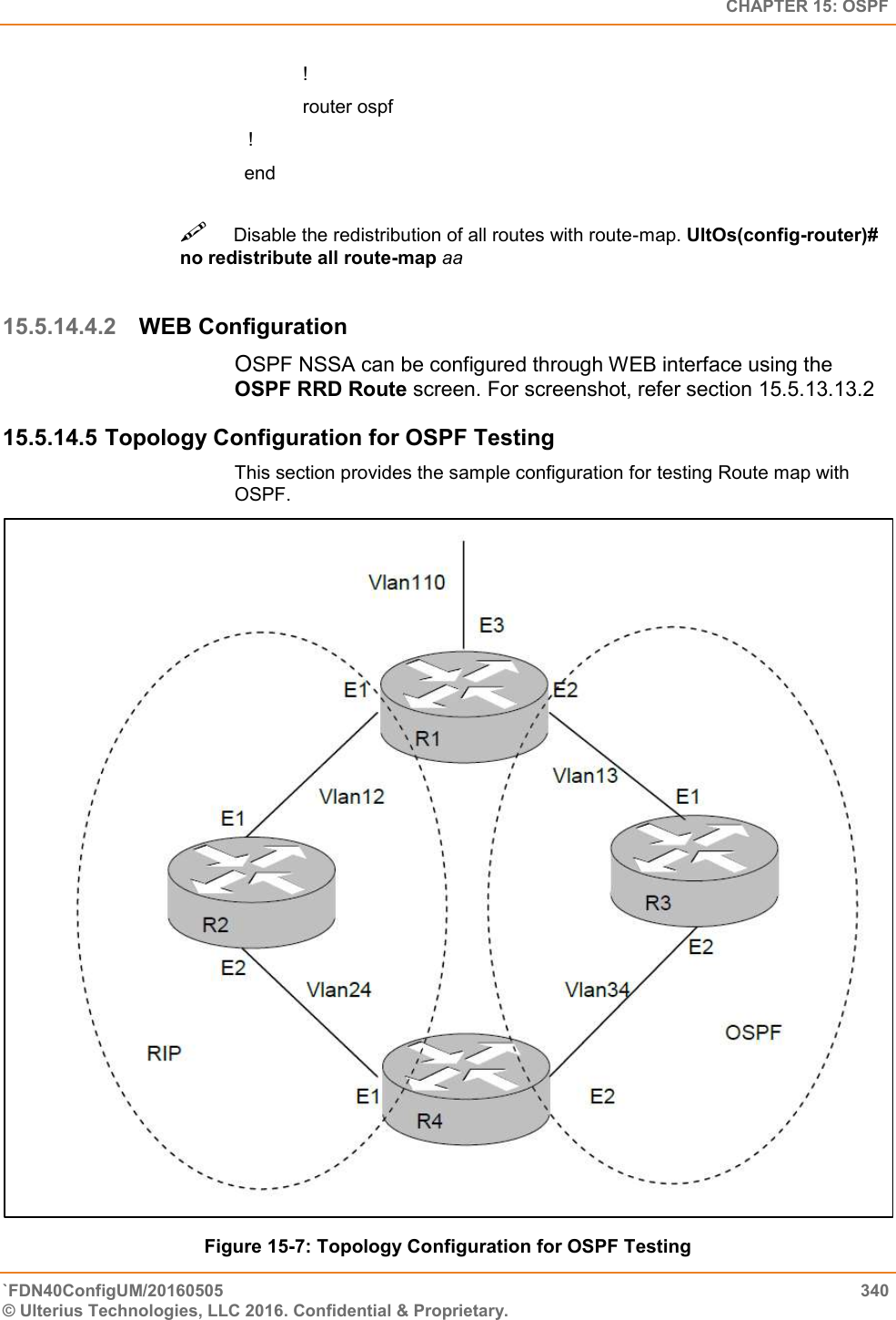   CHAPTER 15: OSPF `FDN40ConfigUM/20160505  340 © Ulterius Technologies, LLC 2016. Confidential &amp; Proprietary.   !  router ospf  !  end Disable the redistribution of all routes with route-map. UltOs(config-router)# no redistribute all route-map aa   15.5.14.4.2 WEB Configuration OSPF NSSA can be configured through WEB interface using the OSPF RRD Route screen. For screenshot, refer section 15.5.13.13.2 15.5.14.5 Topology Configuration for OSPF Testing    This section provides the sample configuration for testing Route map with OSPF.  Figure 15-7: Topology Configuration for OSPF Testing  