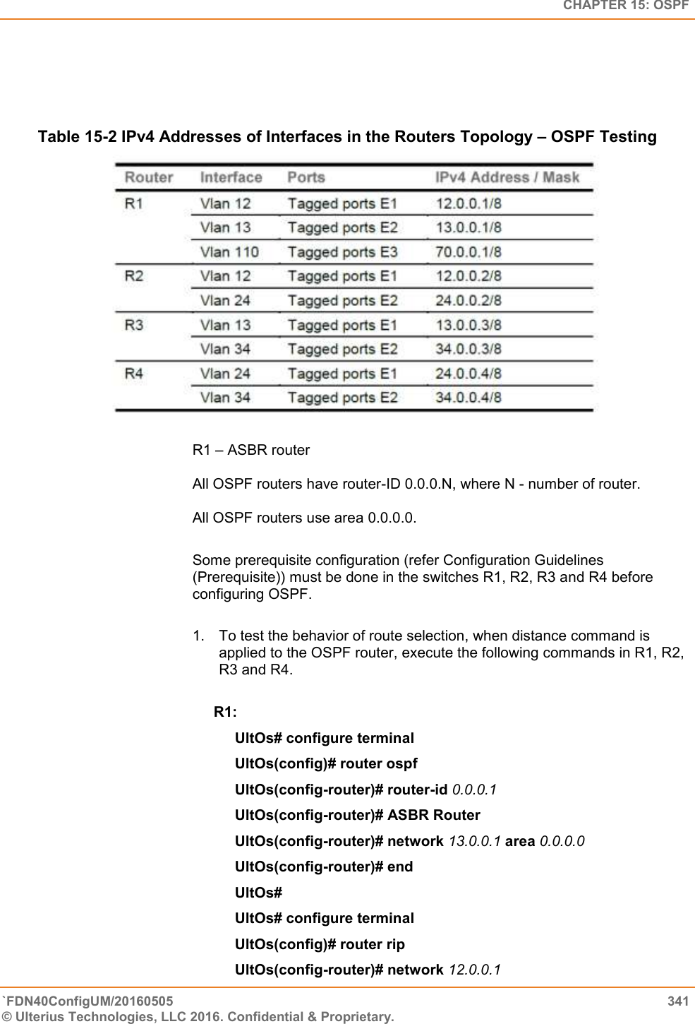   CHAPTER 15: OSPF `FDN40ConfigUM/20160505  341 © Ulterius Technologies, LLC 2016. Confidential &amp; Proprietary.      Table 15-2 IPv4 Addresses of Interfaces in the Routers Topology – OSPF Testing  R1 – ASBR router   All OSPF routers have router-ID 0.0.0.N, where N - number of router.   All OSPF routers use area 0.0.0.0.   Some prerequisite configuration (refer Configuration Guidelines (Prerequisite)) must be done in the switches R1, R2, R3 and R4 before configuring OSPF.  1.  To test the behavior of route selection, when distance command is applied to the OSPF router, execute the following commands in R1, R2, R3 and R4.   R1:  UltOs# configure terminal  UltOs(config)# router ospf  UltOs(config-router)# router-id 0.0.0.1  UltOs(config-router)# ASBR Router  UltOs(config-router)# network 13.0.0.1 area 0.0.0.0  UltOs(config-router)# end  UltOs#  UltOs# configure terminal  UltOs(config)# router rip  UltOs(config-router)# network 12.0.0.1  