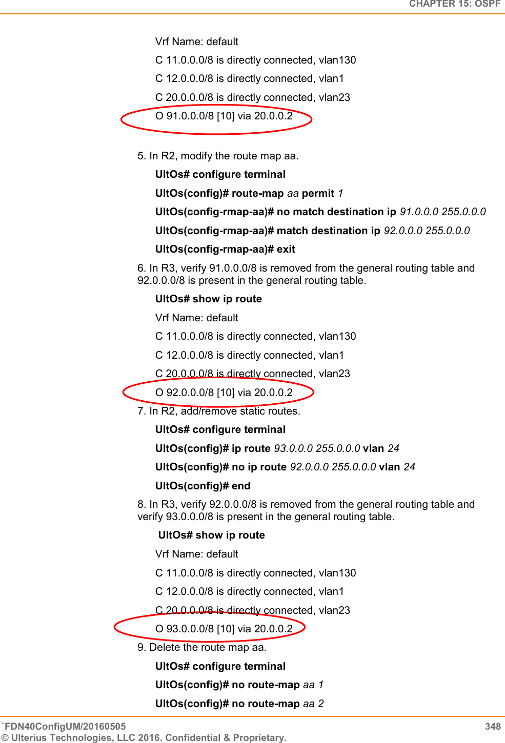   CHAPTER 15: OSPF `FDN40ConfigUM/20160505  348 © Ulterius Technologies, LLC 2016. Confidential &amp; Proprietary.   Vrf Name: default  C 11.0.0.0/8 is directly connected, vlan130  C 12.0.0.0/8 is directly connected, vlan1  C 20.0.0.0/8 is directly connected, vlan23  O 91.0.0.0/8 [10] via 20.0.0.2   5. In R2, modify the route map aa.  UltOs# configure terminal  UltOs(config)# route-map aa permit 1  UltOs(config-rmap-aa)# no match destination ip 91.0.0.0 255.0.0.0  UltOs(config-rmap-aa)# match destination ip 92.0.0.0 255.0.0.0 UltOs(config-rmap-aa)# exit  6. In R3, verify 91.0.0.0/8 is removed from the general routing table and      92.0.0.0/8 is present in the general routing table.        UltOs# show ip route  Vrf Name: default  C 11.0.0.0/8 is directly connected, vlan130  C 12.0.0.0/8 is directly connected, vlan1  C 20.0.0.0/8 is directly connected, vlan23  O 92.0.0.0/8 [10] via 20.0.0.2 7. In R2, add/remove static routes.  UltOs# configure terminal  UltOs(config)# ip route 93.0.0.0 255.0.0.0 vlan 24  UltOs(config)# no ip route 92.0.0.0 255.0.0.0 vlan 24  UltOs(config)# end 8. In R3, verify 92.0.0.0/8 is removed from the general routing table and verify 93.0.0.0/8 is present in the general routing table.         UltOs# show ip route  Vrf Name: default  C 11.0.0.0/8 is directly connected, vlan130  C 12.0.0.0/8 is directly connected, vlan1  C 20.0.0.0/8 is directly connected, vlan23  O 93.0.0.0/8 [10] via 20.0.0.2  9. Delete the route map aa.  UltOs# configure terminal  UltOs(config)# no route-map aa 1  UltOs(config)# no route-map aa 2  