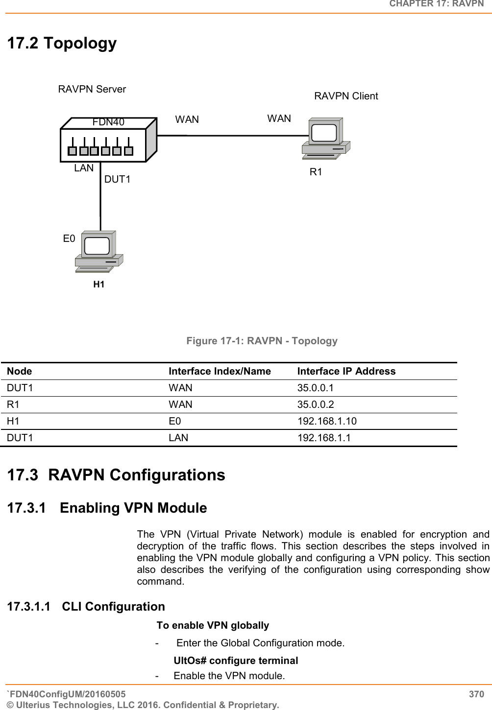   CHAPTER 17: RAVPN `FDN40ConfigUM/20160505  370 © Ulterius Technologies, LLC 2016. Confidential &amp; Proprietary.   17.2 Topology        Node Interface Index/Name Interface IP Address DUT1 WAN 35.0.0.1 R1 WAN 35.0.0.2 H1 E0 192.168.1.10 DUT1 LAN 192.168.1.1 17.3  RAVPN Configurations 17.3.1  Enabling VPN Module The  VPN  (Virtual  Private  Network)  module  is  enabled  for  encryption  and decryption  of  the  traffic  flows.  This  section  describes  the  steps  involved  in enabling the VPN module globally and configuring a VPN policy. This section also  describes  the  verifying  of  the  configuration  using  corresponding  show command. 17.3.1.1  CLI Configuration  To enable VPN globally -   Enter the Global Configuration mode. UltOs# configure terminal -  Enable the VPN module. E0 LAN WAN DUT1 FDN40 R1 WAN RAVPN Server RAVPN Client H1 Figure 17-1: RAVPN - Topology 