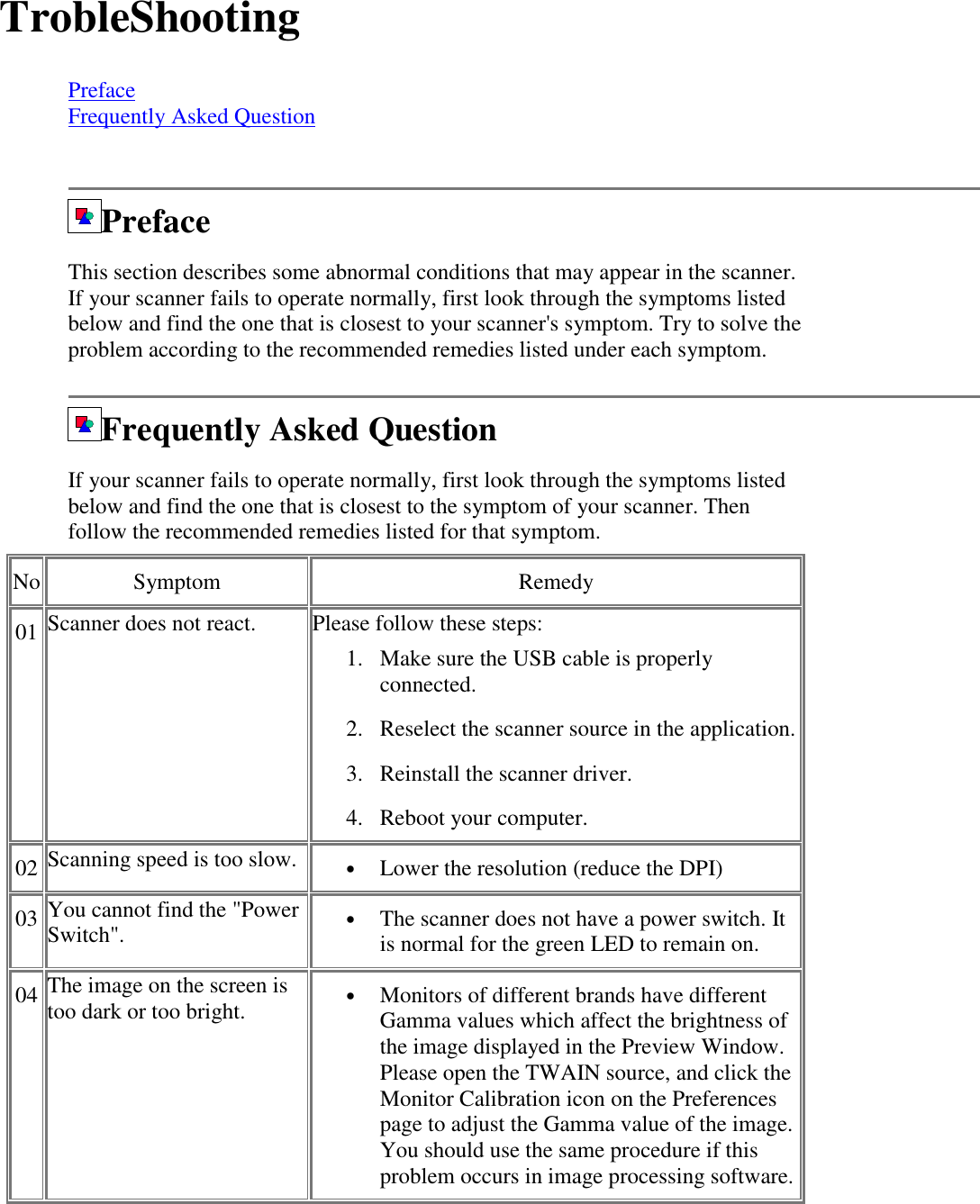 TrobleShootingPrefaceFrequently Asked QuestionPrefaceThis section describes some abnormal conditions that may appear in the scanner.If your scanner fails to operate normally, first look through the symptoms listedbelow and find the one that is closest to your scanner's symptom. Try to solve theproblem according to the recommended remedies listed under each symptom.Frequently Asked QuestionIf your scanner fails to operate normally, first look through the symptoms listedbelow and find the one that is closest to the symptom of your scanner. Thenfollow the recommended remedies listed for that symptom.No Symptom Remedy01 Scanner does not react. Please follow these steps:1. Make sure the USB cable is properlyconnected.2. Reselect the scanner source in the application.3. Reinstall the scanner driver.4. Reboot your computer.02 Scanning speed is too slow. &bull; Lower the resolution (reduce the DPI)03 You cannot find the "PowerSwitch". &bull; The scanner does not have a power switch. Itis normal for the green LED to remain on.04 The image on the screen istoo dark or too bright. &bull; Monitors of different brands have differentGamma values which affect the brightness ofthe image displayed in the Preview Window.Please open the TWAIN source, and click theMonitor Calibration icon on the Preferencespage to adjust the Gamma value of the image.You should use the same procedure if thisproblem occurs in image processing software.