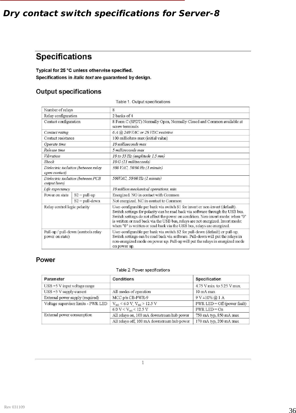      Rev 031109  36 Dry contact switch specifications for Server-8   