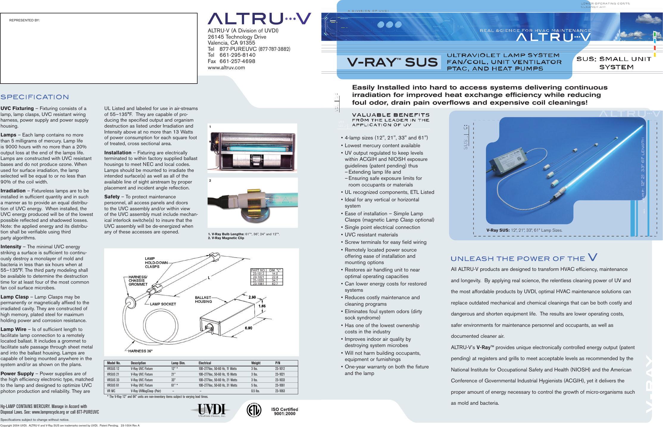 Ultraviolet Devices Altru V Ultravoilet Lamp System Users Manual ray