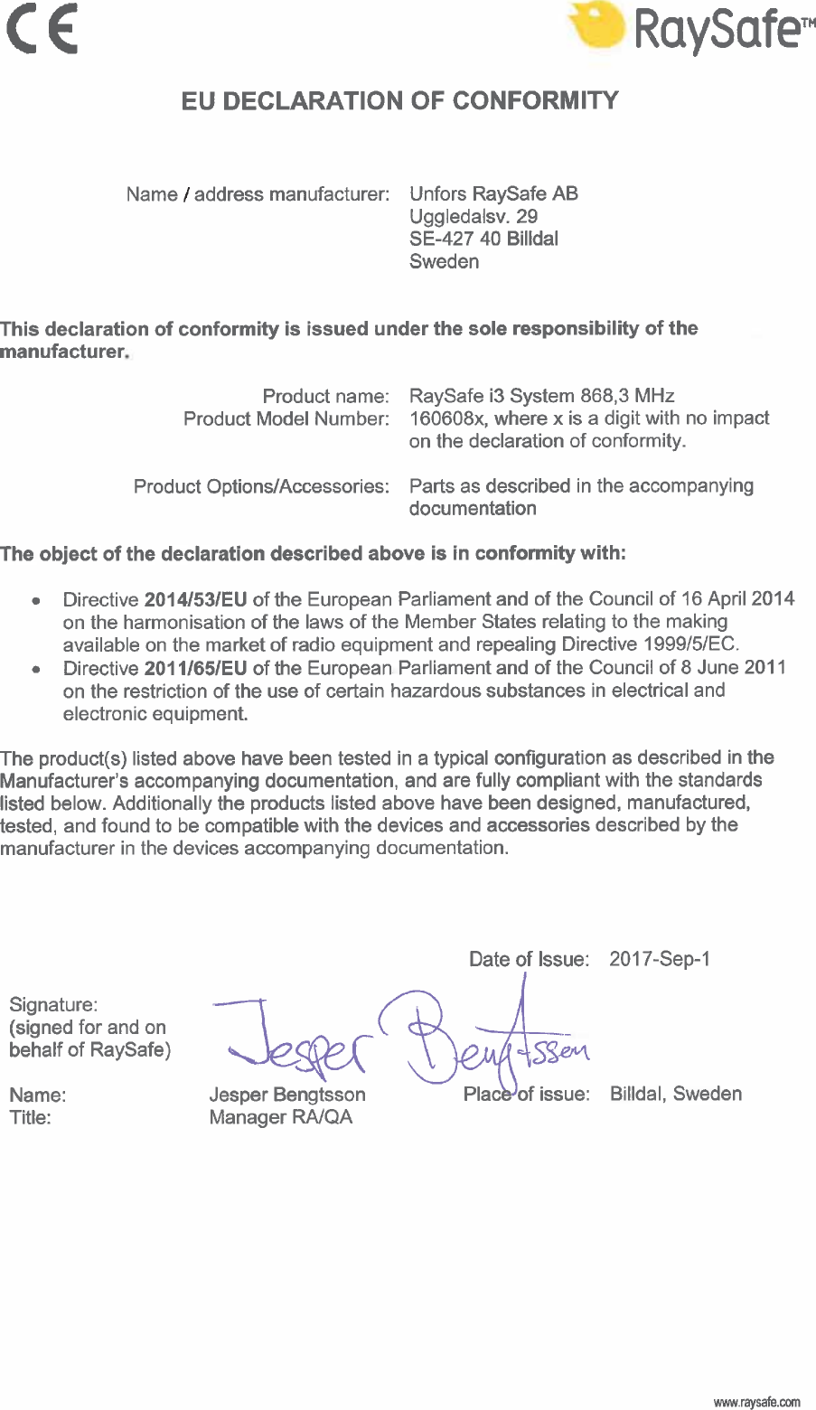 9RaySafe i3 &ndash; Instructions for UseEU DECLARATION OF CONFORMITY