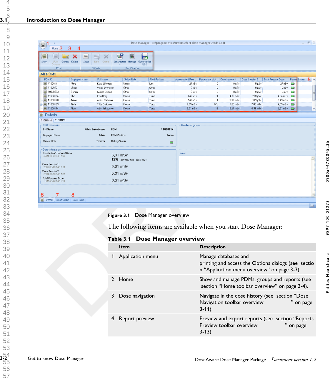 Figure 3.1  Dose Manager overviewThe following items are available when you start Dose Manager:Table 3.1  Dose Manager overview  Item Description1 Application menu Manage databases andprinting and access the Options dialogs (see  section &ldquo;Application menu overview&rdquo; on page 3-3).2 Home Show and manage PDMs, groups and reports (see section &ldquo;Home toolbar overview&rdquo; on page 3-4).3 Dose navigation Navigate in the dose history (see  section &ldquo;DoseNavigation toolbar overview                  &rdquo; on page3-11).4 Report preview Preview and export reports (see  section &ldquo;ReportsPreview toolbar overview                  &rdquo; on page3-13)3.1 Introduction to Dose Manager3-2 Get to know Dose Manager    DoseAware Dose Manager Package Document version 1.2Philips Healthcare 9897 100 01273 0900a44780045a3b 1 2 3 4 5 6 7 8 9 10 11 12 13 14 15 16 17 18 19 20 21 22 23 24 25 26 27 28 29 30 31 32 33 34 35 36 37 38 39 40 41 42 43 44 45 46 47 48 49 50 51 52 53 54 55 56 57 58 59 60 