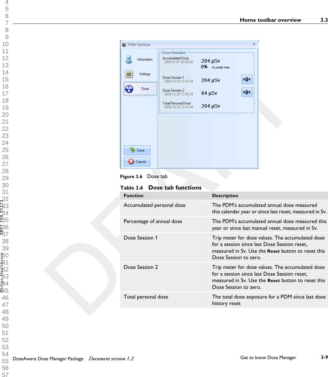 Figure 3.6  Dose tabTable 3.6  Dose tab functionsFunction DescriptionAccumulated personal dose The PDM's accumulated annual dose measuredthis calendar year or since last reset, measured in Sv.Percentage of annual dose The PDM's accumulated annual dose measured thisyear or since last manual reset, measured in Sv.Dose Session 1 Trip meter for dose values. The accumulated dosefor a session since last Dose Session reset,measured in Sv. Use the Reset button to reset thisDose Session to zero.Dose Session 2 Trip meter for dose values. The accumulated dosefor a session since last Dose Session reset,measured in Sv. Use the Reset button to reset thisDose Session to zero.Total personal dose The total dose exposure for a PDM since last dosehistory resetHome toolbar overview 3.3DoseAware Dose Manager Package Document version 1.2 Get to know Dose Manager    3-9Philips Healthcare 9897 100 01273 1 2 3 4 5 6 7 8 9 10 11 12 13 14 15 16 17 18 19 20 21 22 23 24 25 26 27 28 29 30 31 32 33 34 35 36 37 38 39 40 41 42 43 44 45 46 47 48 49 50 51 52 53 54 55 56 57 58 59 60 