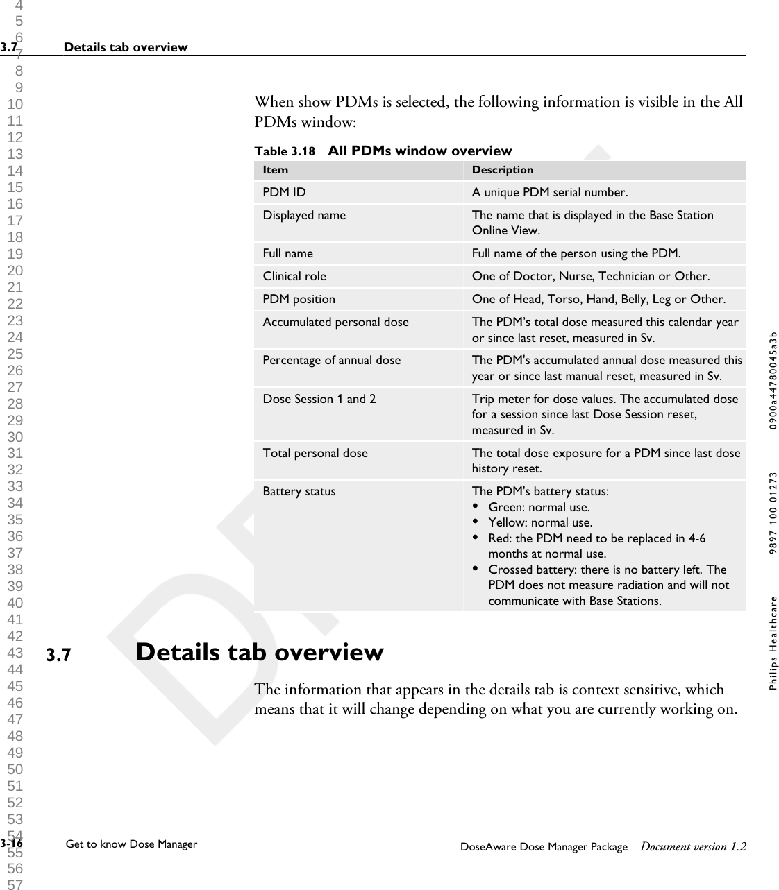 When show PDMs is selected, the following information is visible in the AllPDMs window:Table 3.18  All PDMs window overviewItem DescriptionPDM ID A unique PDM serial number.Displayed name The name that is displayed in the Base StationOnline View.Full name Full name of the person using the PDM.Clinical role One of Doctor, Nurse, Technician or Other.PDM position One of Head, Torso, Hand, Belly, Leg or Other.Accumulated personal dose The PDM&rsquo;s total dose measured this calendar yearor since last reset, measured in Sv.Percentage of annual dose The PDM's accumulated annual dose measured thisyear or since last manual reset, measured in Sv.Dose Session 1 and 2 Trip meter for dose values. The accumulated dosefor a session since last Dose Session reset,measured in Sv.Total personal dose The total dose exposure for a PDM since last dosehistory reset.Battery status The PDM's battery status:&bull;Green: normal use.&bull;Yellow: normal use.&bull;Red: the PDM need to be replaced in 4-6months at normal use.&bull;Crossed battery: there is no battery left. ThePDM does not measure radiation and will notcommunicate with Base Stations.Details tab overviewThe information that appears in the details tab is context sensitive, whichmeans that it will change depending on what you are currently working on.3.73.7 Details tab overview3-16 Get to know Dose Manager    DoseAware Dose Manager Package Document version 1.2Philips Healthcare 9897 100 01273 0900a44780045a3b 1 2 3 4 5 6 7 8 9 10 11 12 13 14 15 16 17 18 19 20 21 22 23 24 25 26 27 28 29 30 31 32 33 34 35 36 37 38 39 40 41 42 43 44 45 46 47 48 49 50 51 52 53 54 55 56 57 58 59 60 