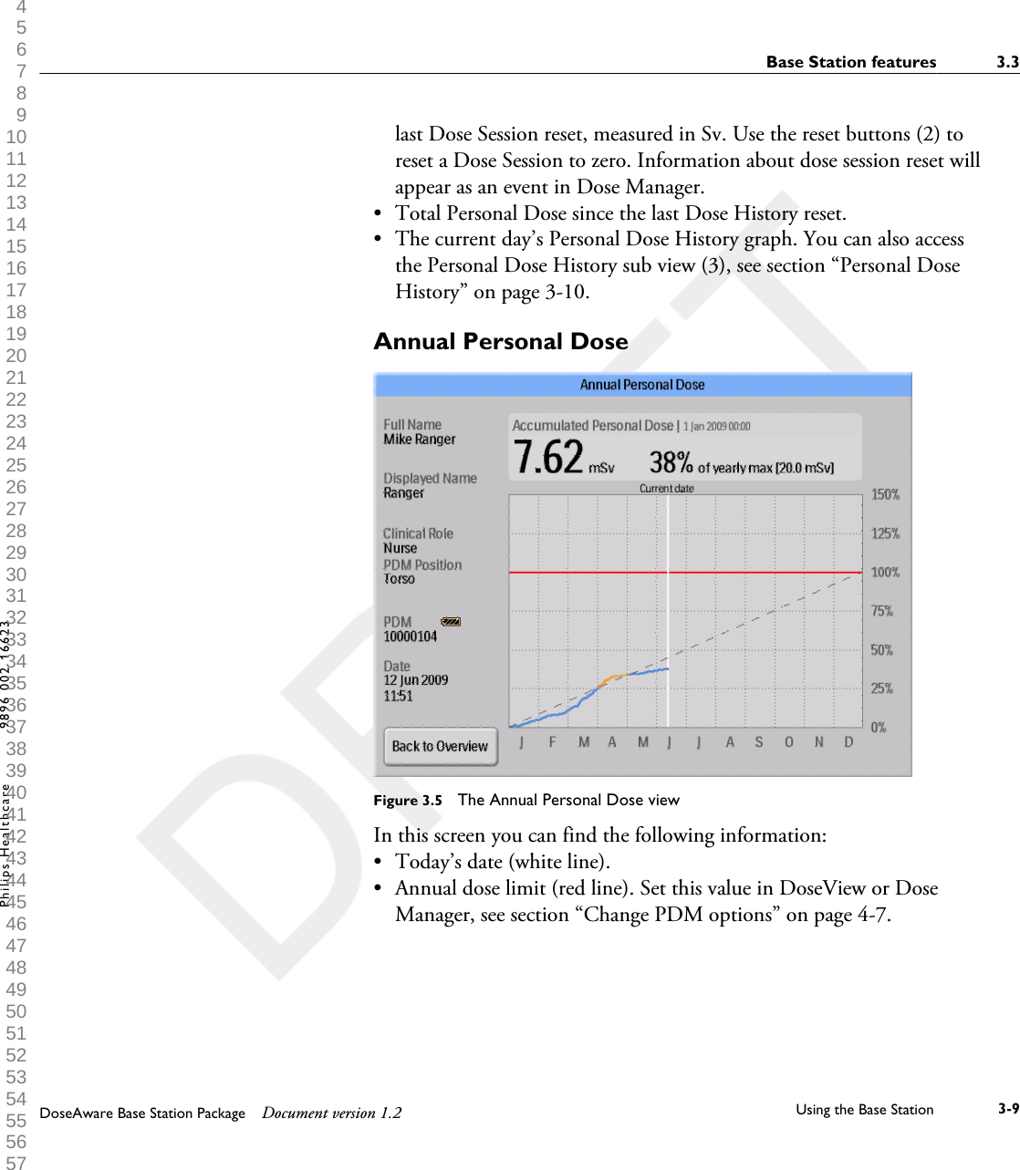 last Dose Session reset, measured in Sv. Use the reset buttons (2) toreset a Dose Session to zero. Information about dose session reset willappear as an event in Dose Manager.&bull;Total Personal Dose since the last Dose History reset.&bull; The current day&rsquo;s Personal Dose History graph. You can also accessthe Personal Dose History sub view (3), see section &ldquo;Personal DoseHistory&rdquo; on page 3-10.Annual Personal DoseFigure 3.5  The Annual Personal Dose viewIn this screen you can find the following information:&bull;Today&rsquo;s date (white line).&bull; Annual dose limit (red line). Set this value in DoseView or DoseManager, see section &ldquo;Change PDM options&rdquo; on page 4-7.Base Station features 3.3DoseAware Base Station Package Document version 1.2 Using the Base Station 3-9Philips Healthcare 9896 002 16623 1 2 3 4 5 6 7 8 9 10 11 12 13 14 15 16 17 18 19 20 21 22 23 24 25 26 27 28 29 30 31 32 33 34 35 36 37 38 39 40 41 42 43 44 45 46 47 48 49 50 51 52 53 54 55 56 57 58 59 60 