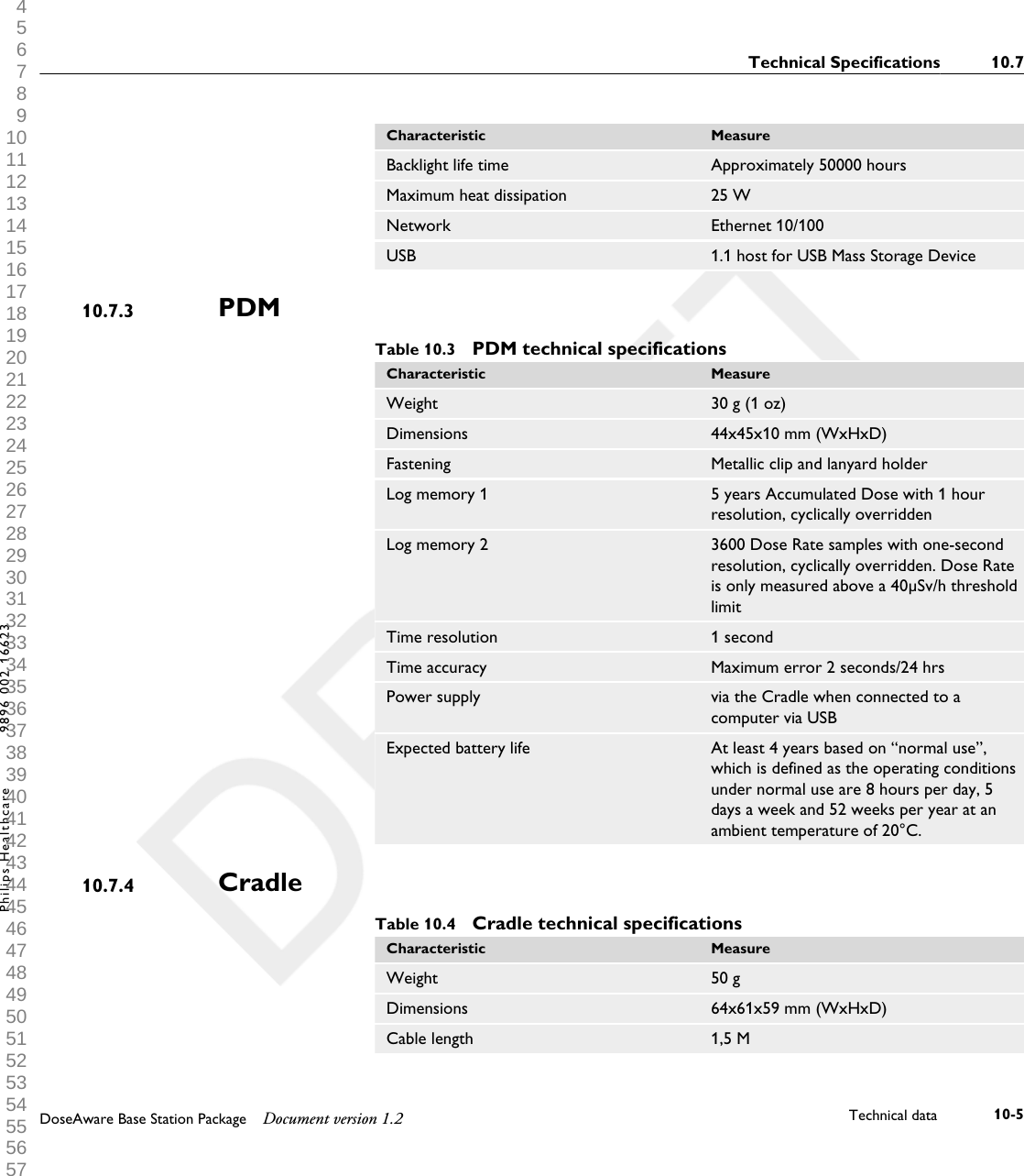 Characteristic MeasureBacklight life time Approximately 50000 hoursMaximum heat dissipation 25 WNetwork Ethernet 10/100USB 1.1 host for USB Mass Storage DevicePDMTable 10.3  PDM technical specificationsCharacteristic MeasureWeight 30 g (1 oz)Dimensions 44x45x10 mm (WxHxD)Fastening Metallic clip and lanyard holderLog memory 1 5 years Accumulated Dose with 1 hourresolution, cyclically overriddenLog memory 2 3600 Dose Rate samples with one-secondresolution, cyclically overridden. Dose Rateis only measured above a 40&micro;Sv/h thresholdlimitTime resolution 1 secondTime accuracy Maximum error 2 seconds/24 hrsPower supply via the Cradle when connected to acomputer via USBExpected battery life At least 4 years based on &ldquo;normal use&rdquo;,which is defined as the operating conditionsunder normal use are 8 hours per day, 5days a week and 52 weeks per year at anambient temperature of 20&deg;C.CradleTable 10.4  Cradle technical specificationsCharacteristic MeasureWeight 50 gDimensions 64x61x59 mm (WxHxD)Cable length 1,5 M10.7.310.7.4Technical Specifications 10.7DoseAware Base Station Package Document version 1.2 Technical data 10-5Philips Healthcare 9896 002 16623 1 2 3 4 5 6 7 8 9 10 11 12 13 14 15 16 17 18 19 20 21 22 23 24 25 26 27 28 29 30 31 32 33 34 35 36 37 38 39 40 41 42 43 44 45 46 47 48 49 50 51 52 53 54 55 56 57 58 59 60 