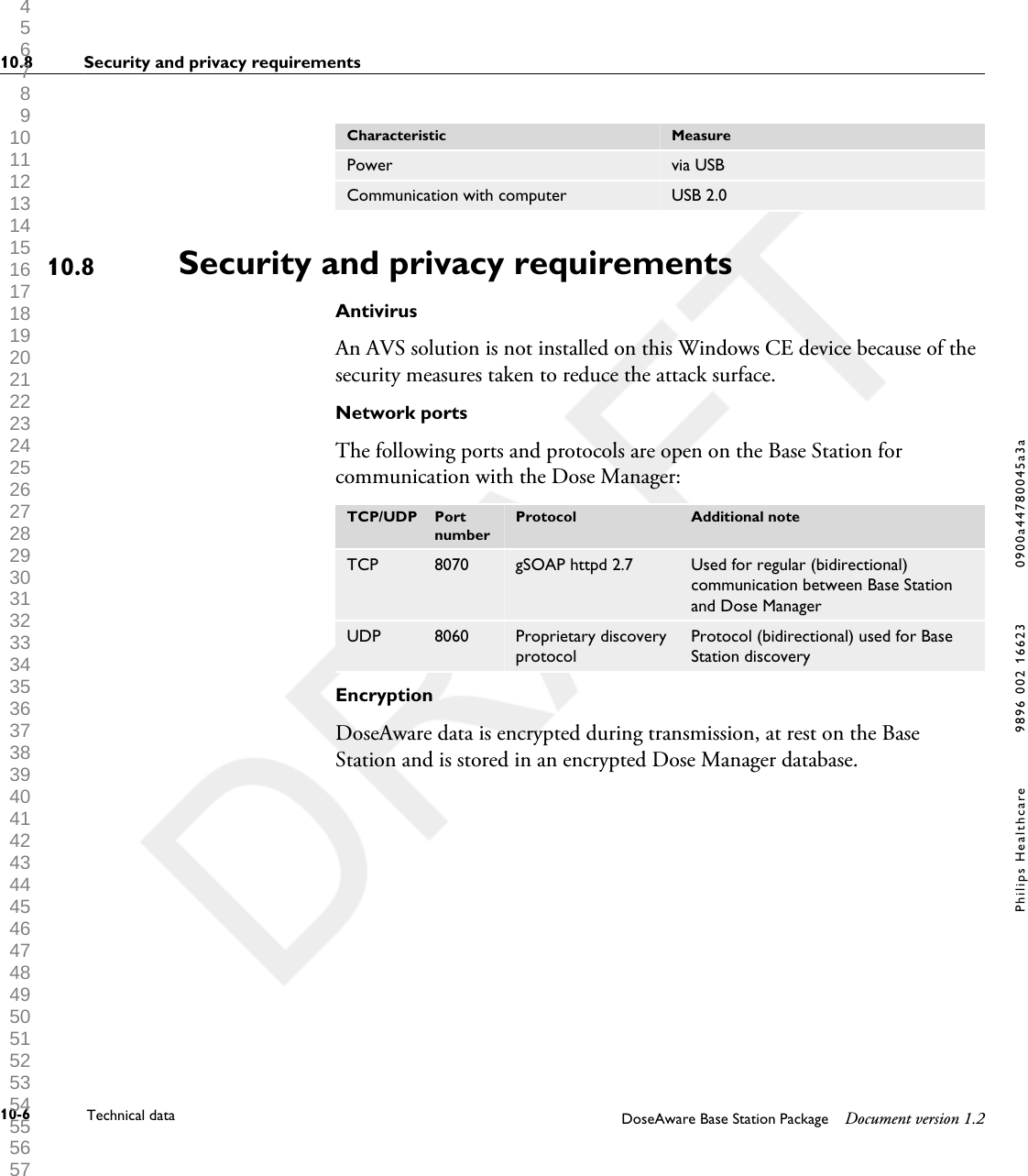 Characteristic MeasurePower via USBCommunication with computer USB 2.0Security and privacy requirementsAntivirusAn AVS solution is not installed on this Windows CE device because of thesecurity measures taken to reduce the attack surface.Network portsThe following ports and protocols are open on the Base Station forcommunication with the Dose Manager:TCP/UDP PortnumberProtocol Additional noteTCP 8070 gSOAP httpd 2.7 Used for regular (bidirectional)communication between Base Stationand Dose ManagerUDP 8060 Proprietary discoveryprotocolProtocol (bidirectional) used for BaseStation discoveryEncryptionDoseAware data is encrypted during transmission, at rest on the BaseStation and is stored in an encrypted Dose Manager database.10.810.8 Security and privacy requirements10-6 Technical data DoseAware Base Station Package Document version 1.2Philips Healthcare 9896 002 16623 0900a44780045a3a 1 2 3 4 5 6 7 8 9 10 11 12 13 14 15 16 17 18 19 20 21 22 23 24 25 26 27 28 29 30 31 32 33 34 35 36 37 38 39 40 41 42 43 44 45 46 47 48 49 50 51 52 53 54 55 56 57 58 59 60 