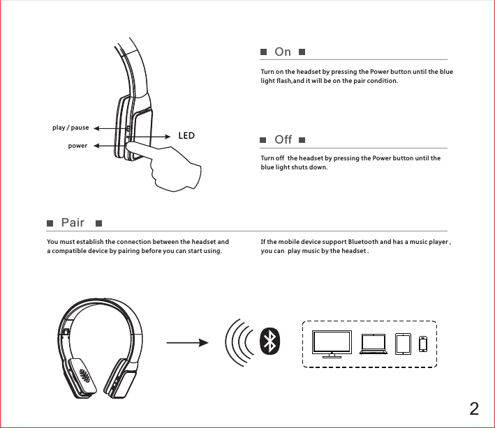 2Turn on the headset by pressing the Power button until the blue light flash,and it will be on the pair condition.OnYou must establish the connection between the headset and a compatible device by pairing before you can start using. LED OffTurn off  the headset by pressing the Power button until the blue light shuts down.If the mobile device support Bluetooth and has a music player , you can  play music by the headset . Pairpower play / pause