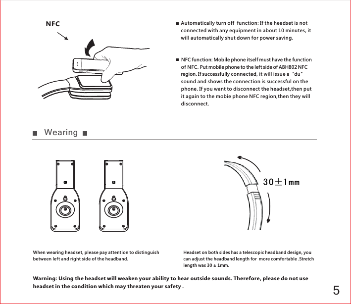 5When wearing headset, please pay attention to distinguishbetween left and right side of the headband.Headset on both sides has a telescopic headband design, youcan adjust the headband length for  more comfortable .Stretch length was 30 ± 1mm.3 0±1 m mNFC Automatically turn off  function: If the headset is not connected with any equipment in about 10 minutes, it will automatically shut down for power saving.WearingWarning: Using the headset will weaken your ability to hear outside sounds. Therefore, please do not use headset in the condition which may threaten your safety .NFC function: Mobile phone itself must have the function of NFC. Put mobile phone to the left side of ABH802 NFC region. If successfully connected, it will issue a“du”sound and shows the connection is successful on the phone. If you want to disconnect the headset,then put it again to the mobie phone NFC region,then they will disconnect.