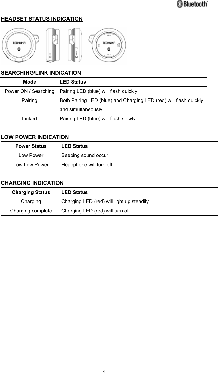   4HEADSET STATUS INDICATION  SEARCHING/LINK INDICATION Mode LED Status Power ON / Searching  Pairing LED (blue) will flash quickly Pairing Both Pairing LED (blue) and Charging LED (red) will flash quickly and simultaneously Linked Pairing LED (blue) will flash slowly        LOW POWER INDICATION Power Status  LED Status Low Power  Beeping sound occur Low Low Power  Headphone will turn off  CHARGING INDICATION Charging Status  LED Status Charging  Charging LED (red) will light up steadily Charging complete  Charging LED (red) will turn off                 