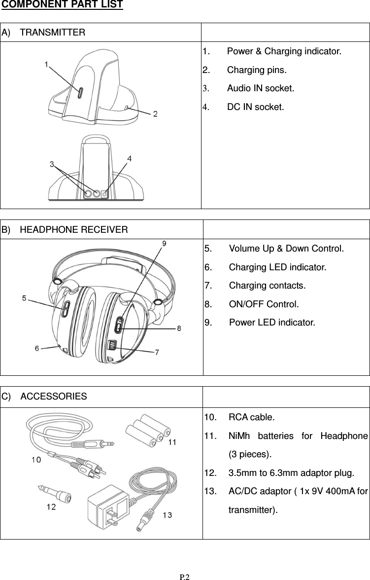   P.2 COMPONENT PART LIST  A)  TRANSMITTER    1.  Power &amp; Charging indicator.   2.  Charging pins. 3.  Audio IN socket. 4.  DC IN socket.   B)  HEADPHONE RECEIVER    5.  Volume Up &amp; Down Control. 6.  Charging LED indicator. 7.  Charging contacts. 8.  ON/OFF Control. 9.  Power LED indicator.   C)    ACCESSORIES    10.  RCA cable. 11. NiMh  batteries  for  Headphone       (3 pieces). 12.  3.5mm to 6.3mm adaptor plug. 13. AC/DC adaptor ( 1x 9V 400mA for transmitter).   