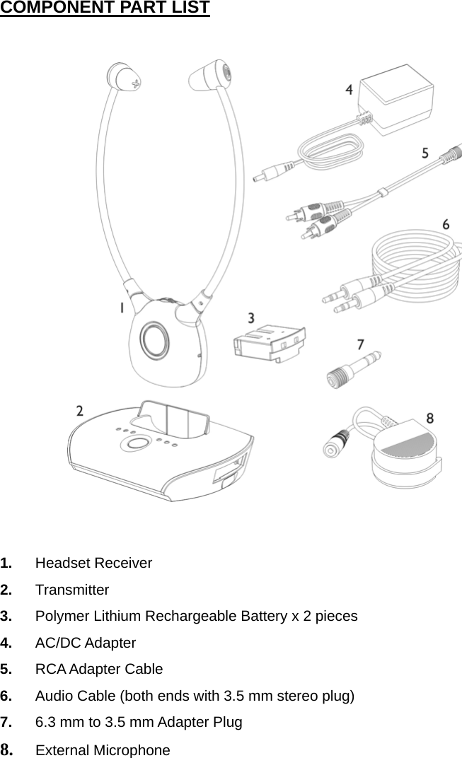 COMPONENT PART LIST    1.  Headset Receiver 2.  Transmitter 3.  Polymer Lithium Rechargeable Battery x 2 pieces 4.  AC/DC Adapter 5.  RCA Adapter Cable   6.  Audio Cable (both ends with 3.5 mm stereo plug) 7.  6.3 mm to 3.5 mm Adapter Plug 8. External Microphone  