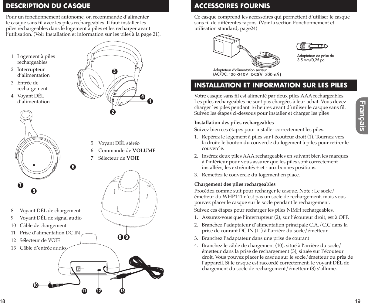 18 19FrançaisDESCRIPTION DU CASQUEPour un fonctionnement autonome, on recommande d’alimenter le casque sans À l avec les piles rechargeables. Il faut installer les piles rechargeables dans le logement à piles et les recharger avant l’utilisation. (Voir Installation et information sur les piles à la page 21).ACCESSOIRES FOURNISCe casque comprend les accessoires qui permettent d’utiliser le casque sans À l de différentes façons. (Voir la section Fonctionnement et utilisation standard, page24)INSTALLATION ET INFORMATION SUR LES PILESVotre casque sans À l est alimenté par deux piles AAA rechargeables. Les piles rechargeables ne sont pas chargées à leur achat. Vous devez charger les piles pendant 16 heures avant d’utiliser le casque sans À l. Suivez les étapes ci-dessous pour installer et charger les pilesInstallation des piles rechargeablesSuivez bien ces étapes pour installer correctement les piles.1.   Repérez le logement à piles sur l’écouteur droit (1). Tournez vers la droite le bouton du couvercle du logement à piles pour retirer le couvercle.2.   Insérez deux piles AAA rechargeables en suivant bien les marques à l’intérieur pour vous assurer que les piles sont correctement installées, les extrémités + et - aux bonnes positions.3.   Remettez le couvercle du logement en place.Chargement des piles rechargeablesProcédez comme suit pour recharger le casque. Note : Le socle/émetteur du WHP141 n’est pas un socle de rechargement, mais vous pouvez placer le casque sur le socle pendant le rechargement.Suivez ces étapes pour recharger les piles NiMH rechargeables.1.   Assurez-vous que l’interrupteur (2), sur l’écouteur droit, est à OFF.2.   Branchez l’adaptateur d’alimentation principale C.A./C.C dans la prise de courant DC IN (11) à l’arrière du socle/émetteur.3.   Branchez l’adaptateur dans une prise de courant4.   Branchez le câble de chargement (10), situé à l’arrière du socle/émetteur dans la prise de rechargement (3), située sur l’écouteur droit. Vous pouvez placer le casque sur le socle/émetteur ou près de l’appareil. Si le casque est raccordé correctement, le voyant DÉL de chargement du socle de rechargement/émetteur (8) s’allume.8   Voyant DÉL de chargement9   Voyant DÉL de signal audio10   Câble de chargement11   Prise d’alimentation DC IN12   Sélecteur de VOIE13   Câble d’entrée audio1234567981011 12 13  1  Logement à piles rechargeables  2 Interrupteur d’alimentation  3  Entrée de rechargement  4  Voyant DÉL d’alimentation5   Voyant DÉL stéréo6   Commande de VOLUME7   Sélecteur de VOIEAdaptateur de prise de    3.5 mm/0,25 poAdaptateur d’alimentation secteur(AC/DC: 120 V ~ 60 Hz, 12 V = 150 mA)8V=200mA