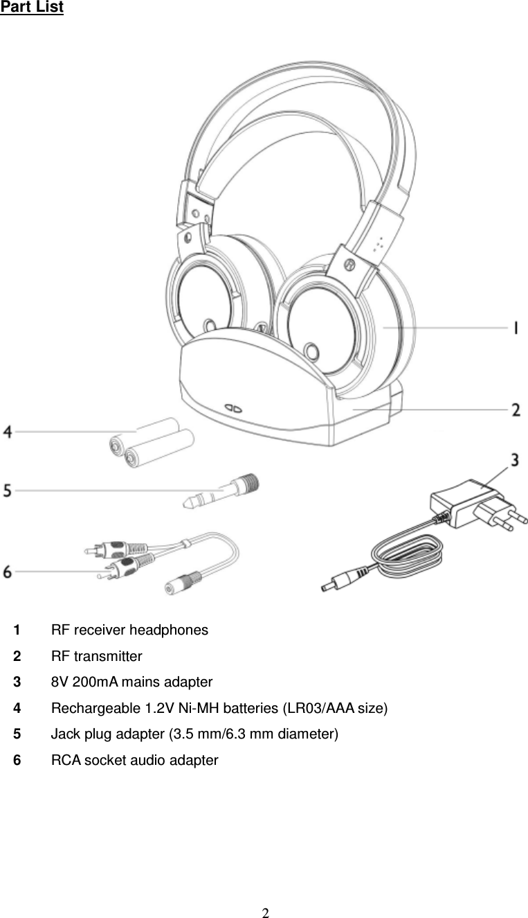  2Part List   1  RF receiver headphones 2  RF transmitter 3  8V 200mA mains adapter 4  Rechargeable 1.2V Ni-MH batteries (LR03/AAA size) 5  Jack plug adapter (3.5 mm/6.3 mm diameter) 6  RCA socket audio adapter     