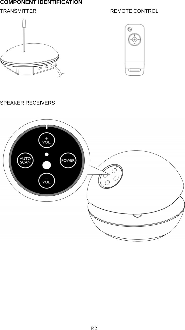    P. 2 COMPONENT IDENTIFICATION TRANSMITTER       REMOTE CONTROL          SPEAKER RECEIVERS          