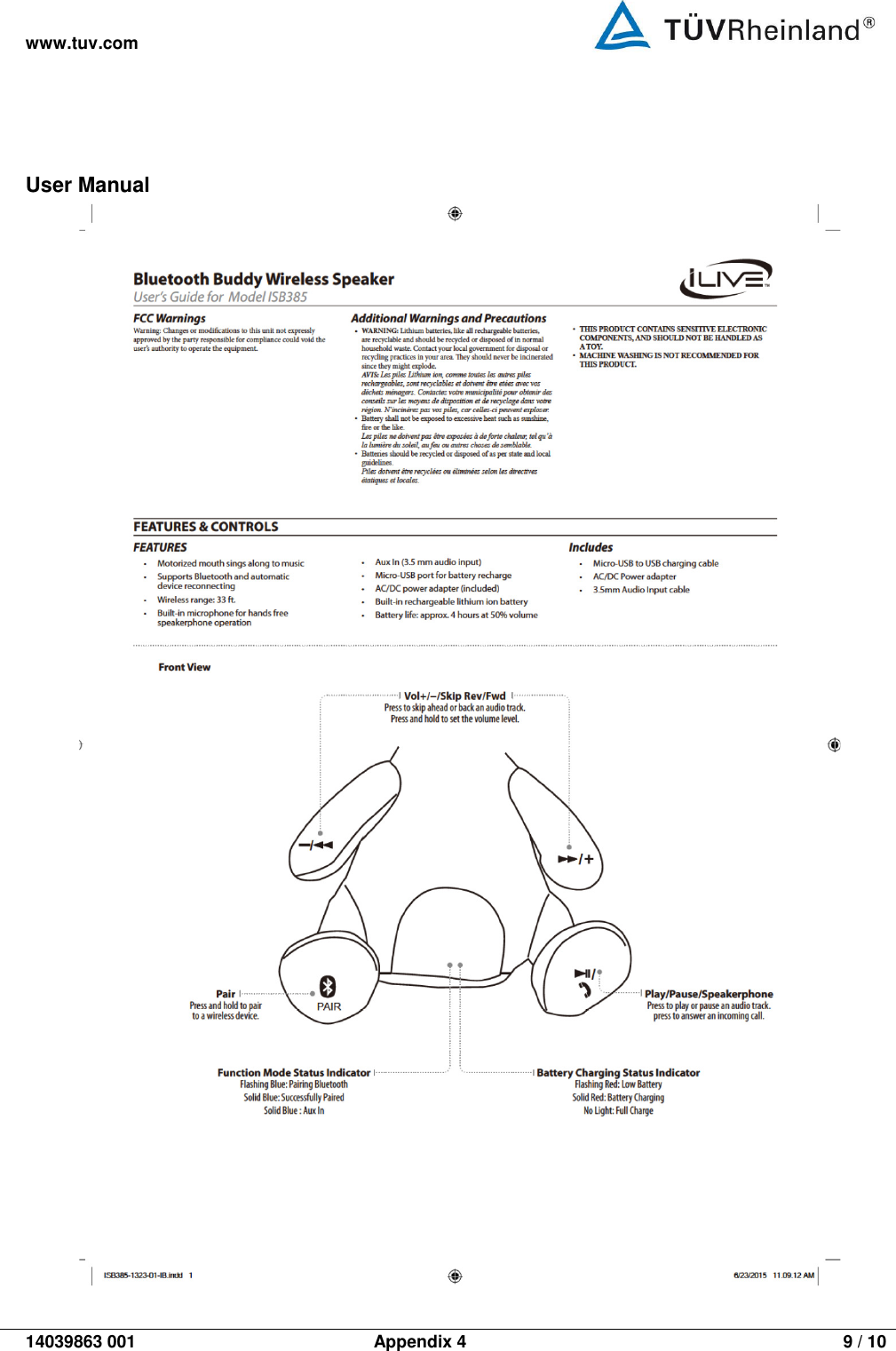 www.tuv.com   14039863 001    Appendix 4  9 / 10 User Manual  