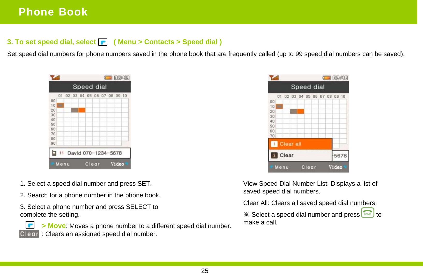 3. To set speed dial, select         ( Menu &gt; Contacts &gt; Speed dial )Set speed dial numbers for phone numbers saved in the phone book that are frequently called (up to 99 speed dial numbers can be saved).1. Select a speed dial number and press SET.2. Search for a phone number in the phone book.3. Select a phone number and press SELECT to complete the setting.View Speed Dial Number List: Displays a list of saved speed dial numbers.Clear All: Clears all saved speed dial numbers.※Select a speed dial number and press         to make a call.Phone Book&gt; Move: Moves a phone number to a different speed dial number. : Clears an assigned speed dial number.Phone Book25