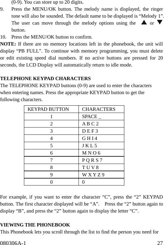 080306A-1                                              27                 KEYPAD BUTTON  CHARACTERS 1 SPACE _ 2  A B C 2 3  D E F 3 4  G H I 4 5  J K L 5 6  M N O 6 7  P Q R S 7 8  T U V 8 9  W X Y Z 9 0 0 (0-9). You can store up to 20 digits. 9.  Press the MENU/OK button. The melody name is displayed, the ringer tone will also be sounded. The default name to be displayed is “Melody 1”. The user can move through the melody options using the    or   button. 10.  Press the MENU/OK button to confirm. NOTE: If there are no memory locations left in the phonebook, the unit will display “PB FULL”. To continue with memory programming, you must delete or edit existing speed dial numbers. If no active buttons are pressed for 20 seconds, the LCD Display will automatically return to idle mode.  TELEPHONE KEYPAD CHARACTERS  The TELEPHONE KEYPAD buttons (0-9) are used to enter the characters when entering names. Press the appropriate KEYPAD button to get the following characters.              For example, if you want to enter the character “C”, press the “2” KEYPAD button. The first character displayed will be “A”.    Press the “2” button again to display “B”, and press the “2” button again to display the letter “C”.    VIEWING THE PHONEBOOK This Phonebook lets you scroll through the list to find the person you need for 