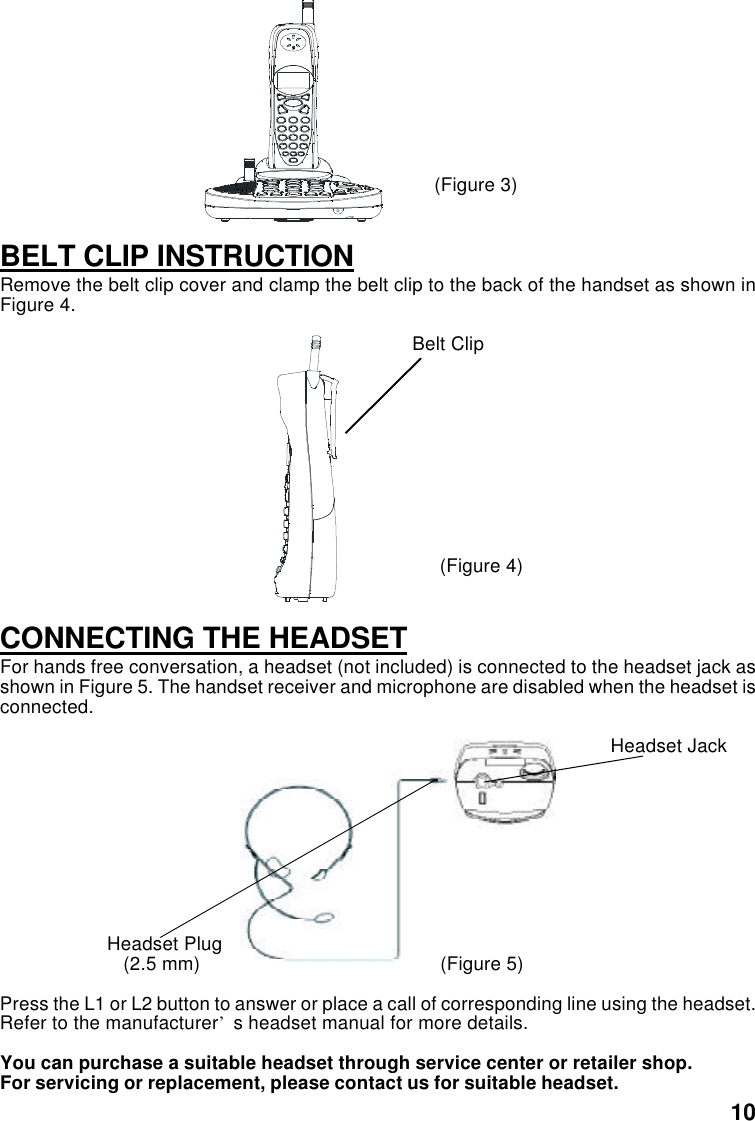                                      (Figure 3)BELT CLIP INSTRUCTIONRemove the belt clip cover and clamp the belt clip to the back of the handset as shown inFigure 4.                                                                             Belt Clip                                      (Figure 4)CONNECTING THE HEADSETFor hands free conversation, a headset (not included) is connected to the headset jack asshown in Figure 5. The handset receiver and microphone are disabled when the headset isconnected.                                                                                                                  Headset Jack                    Headset Plug                       (2.5 mm)      (Figure 5)Press the L1 or L2 button to answer or place a call of corresponding line using the headset.Refer to the manufacturer’s headset manual for more details.You can purchase a suitable headset through service center or retailer shop.For servicing or replacement, please contact us for suitable headset.10