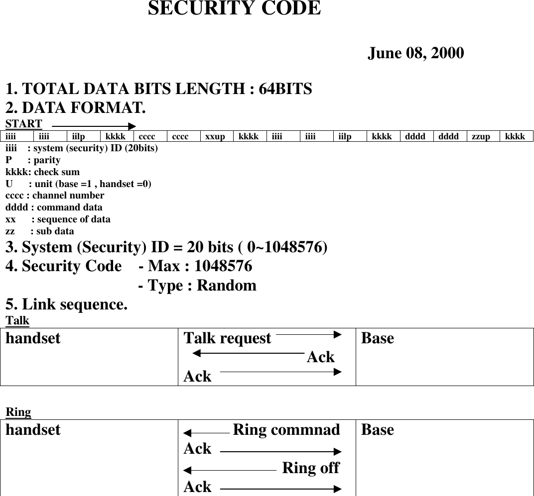 SECURITY CODE  June 08, 2000  1. TOTAL DATA BITS LENGTH : 64BITS 2. DATA FORMAT. START iiii iiii iilp kkkk cccc cccc xxup kkkk iiii iiii iilp kkkk dddd dddd zzup kkkk iiii  : system (security) ID (20bits) P   : parity kkkk: check sum U   : unit (base =1 , handset =0) cccc : channel number dddd : command data xx   : sequence of data zz   : sub data 3. System (Security) ID = 20 bits ( 0~1048576) 4. Security Code  - Max : 1048576    - Type : Random 5. Link sequence. Talk handset Talk request                Ack Ack Base   Ring handset       Ring commnad Ack             Ring off Ack Base      