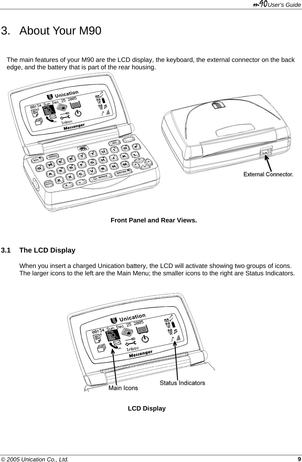 m90User’s Guide © 2005 Unication Co., Ltd.    93. About Your M90 The main features of your M90 are the LCD display, the keyboard, the external connector on the back edge, and the battery that is part of the rear housing.   Front Panel and Rear Views.    3.1  The LCD Display When you insert a charged Unication battery, the LCD will activate showing two groups of icons. The larger icons to the left are the Main Menu; the smaller icons to the right are Status Indicators.                                LCD Display 