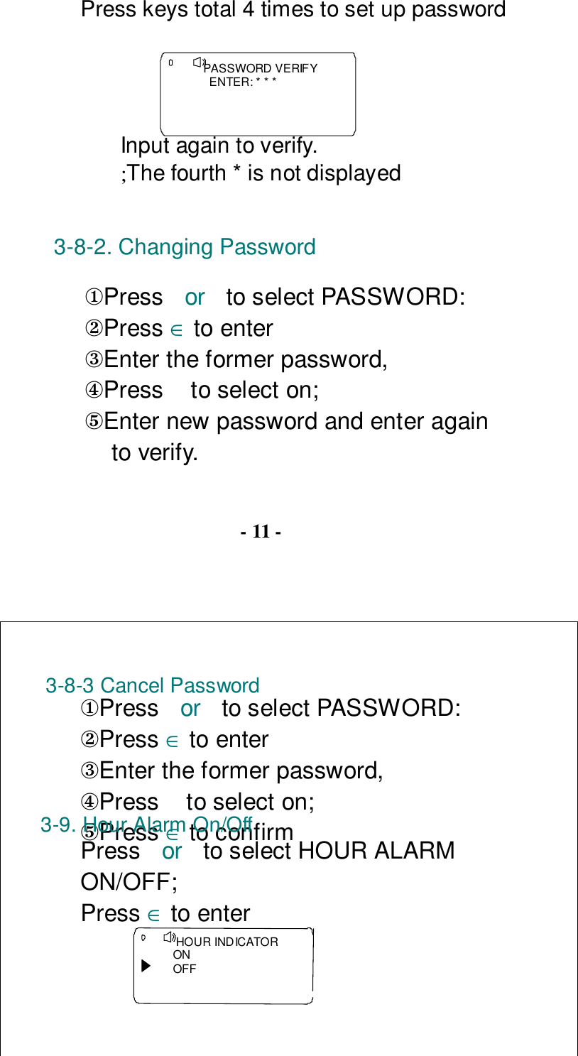 Press keys total 4 times to set up passwordPASSWORD VERIFY  ENTER: * * *Input again to verify.;The fourth * is not displayed3-8-2. Changing Password①Press  or  to select PASSWORD:②Press ∈ to enter③Enter the former password,④Press   to select on;⑤Enter new password and enter againto verify.- 11 -3-8-3 Cancel Password①Press  or  to select PASSWORD:②Press ∈ to enter③Enter the former password,④Press   to select on;⑤Press ∈ to confirm3-9. Hour Alarm On/OffPress  or  to select HOUR ALARMON/OFF;Press ∈ to enter HOUR INDICATORONOFF