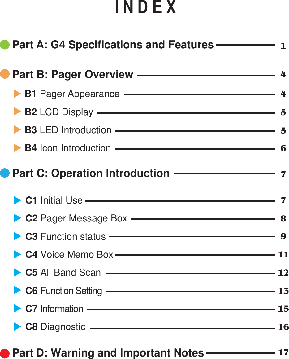 4455677891112131516171B1 Pager AppearanceB2 LCD DisplayB3 LED IntroductionB4 Icon IntroductionC1 Initial UseC2 Pager Message BoxC3 Function statusC4 Voice Memo BoxC5 All Band ScanC6 Function SettingC7 InformationC8 DiagnosticPart A: G4 Specifications and FeaturesPart D: Warning and Important NotesPart B: Pager OverviewPart C: Operation IntroductionI N D E X