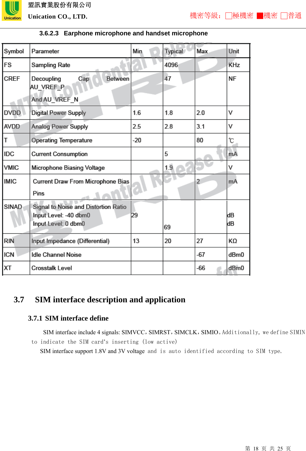  盟訊實業股份有限公司 Unication CO., LTD. 機密等級：□極機密 ■機密 □普通 第 18 页 共 25 页 3.6.2.3   Earphone microphone and handset microphone      3.7   SIM interface description and application 3.7.1 SIM interface define SIM interface include 4 signals: SIMVCC，SIMRST，SIMCLK，SIMIO。Additionally, we define SIMIN to indicate the SIM card’s inserting (low active)  SIM interface support 1.8V and 3V voltage and is auto identified according to SIM type. 