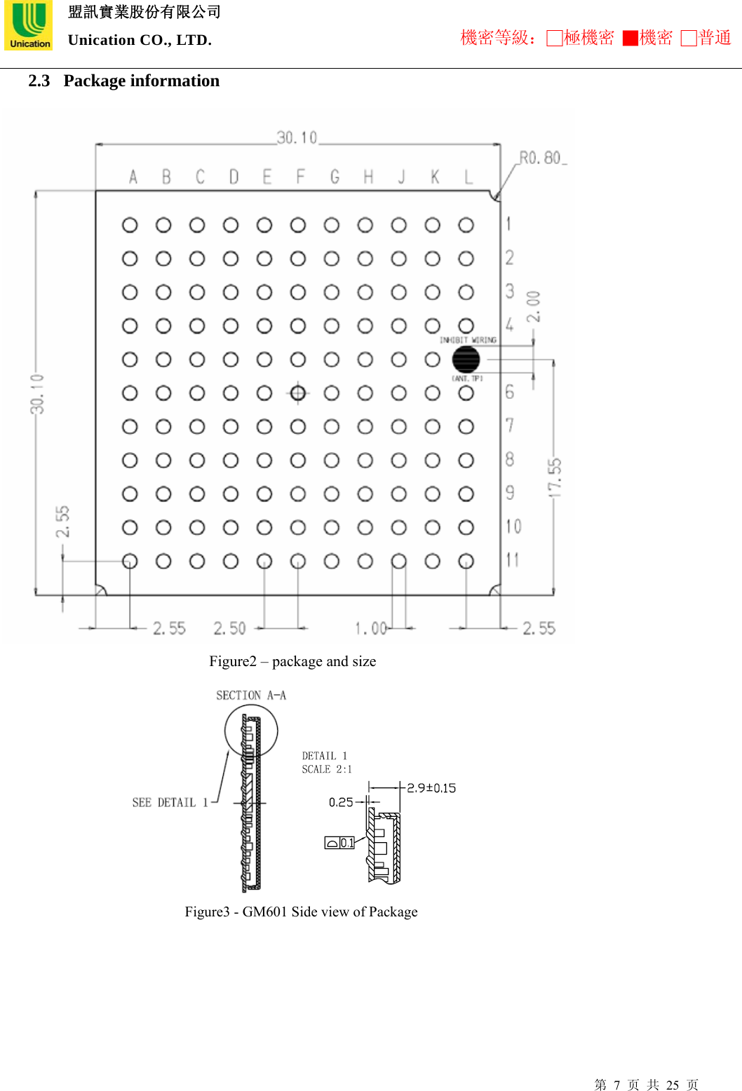  盟訊實業股份有限公司 Unication CO., LTD. 機密等級：□極機密 ■機密 □普通 第 7 页 共 25 页 2.3  Package information                             Figure2 – package and size      Figure3 - GM601 Side view of Package       