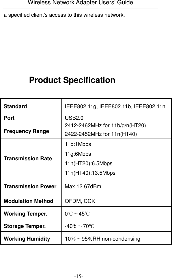 Wireless Network Adapter Users&rsquo; Guide  -15- a specified client&rsquo;s access to this wireless network.           Product Specification  Standard  IEEE802.11g, IEEE802.11b, IEEE802.11n  Port  USB2.0 Frequency Range  2412-2462MHz for 11b/g/n(HT20) 2422-2452MHz for 11n(HT40) Transmission Rate 11b:1Mbps 11g:6Mbps 11n(HT20):6.5Mbps 11n(HT40):13.5Mbps Transmission Power Max 12.67dBm Modulation Method  OFDM, CCK Working Temper.  0℃～45℃ Storage Temper.  -40&deg;c ～70℃ Working Humidity  10％～95%RH non-condensing  