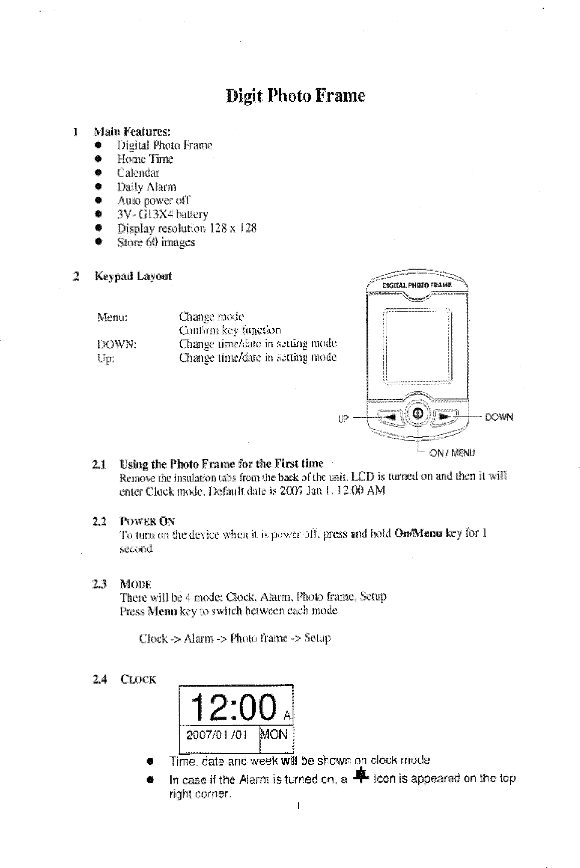 Unicorn DPF0001 Digital Photo Frame User Manual users manual